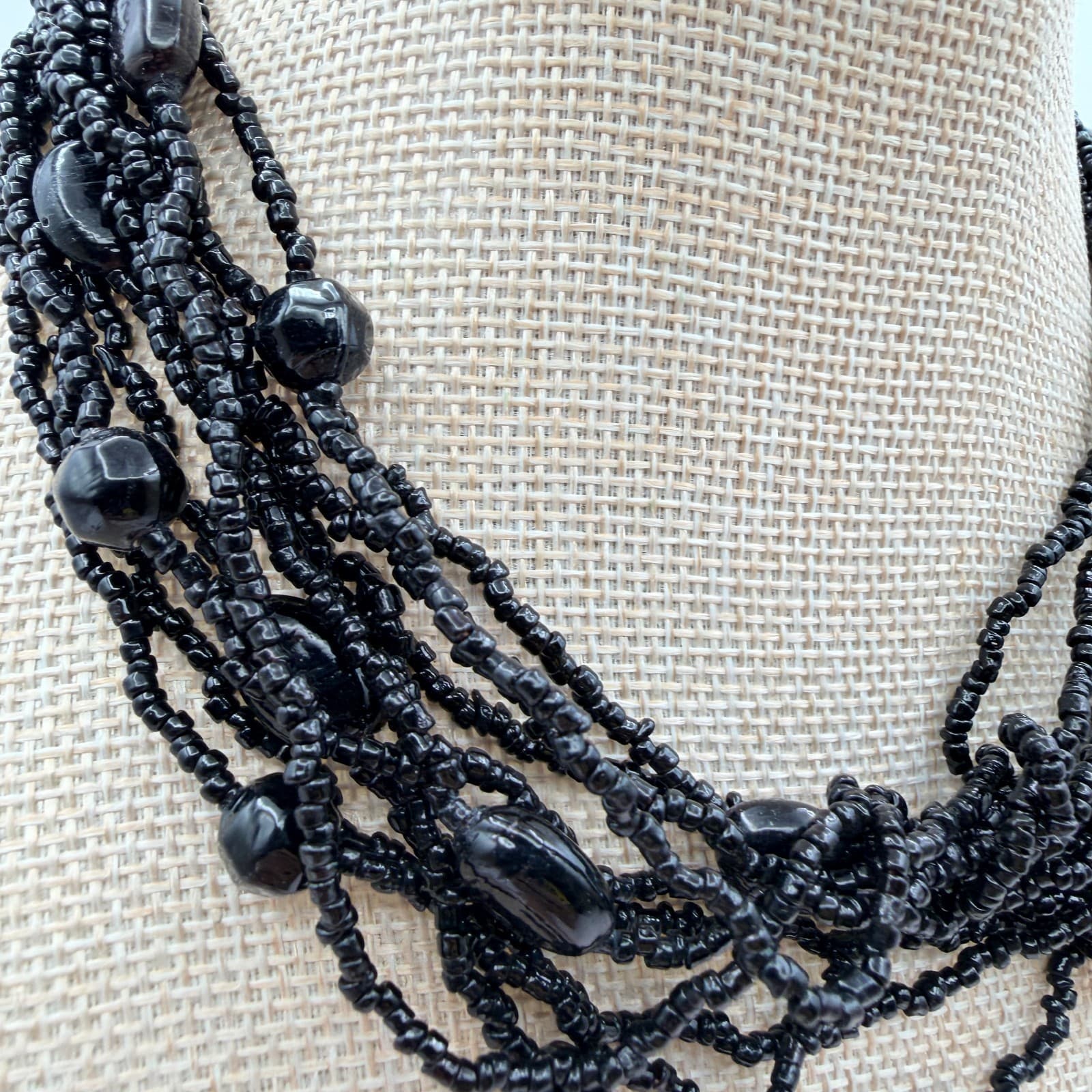 Vintage 90s Black Glass Seed Bead Multi Strand Statement Necklace Chunky Boho - Thumbnail 3