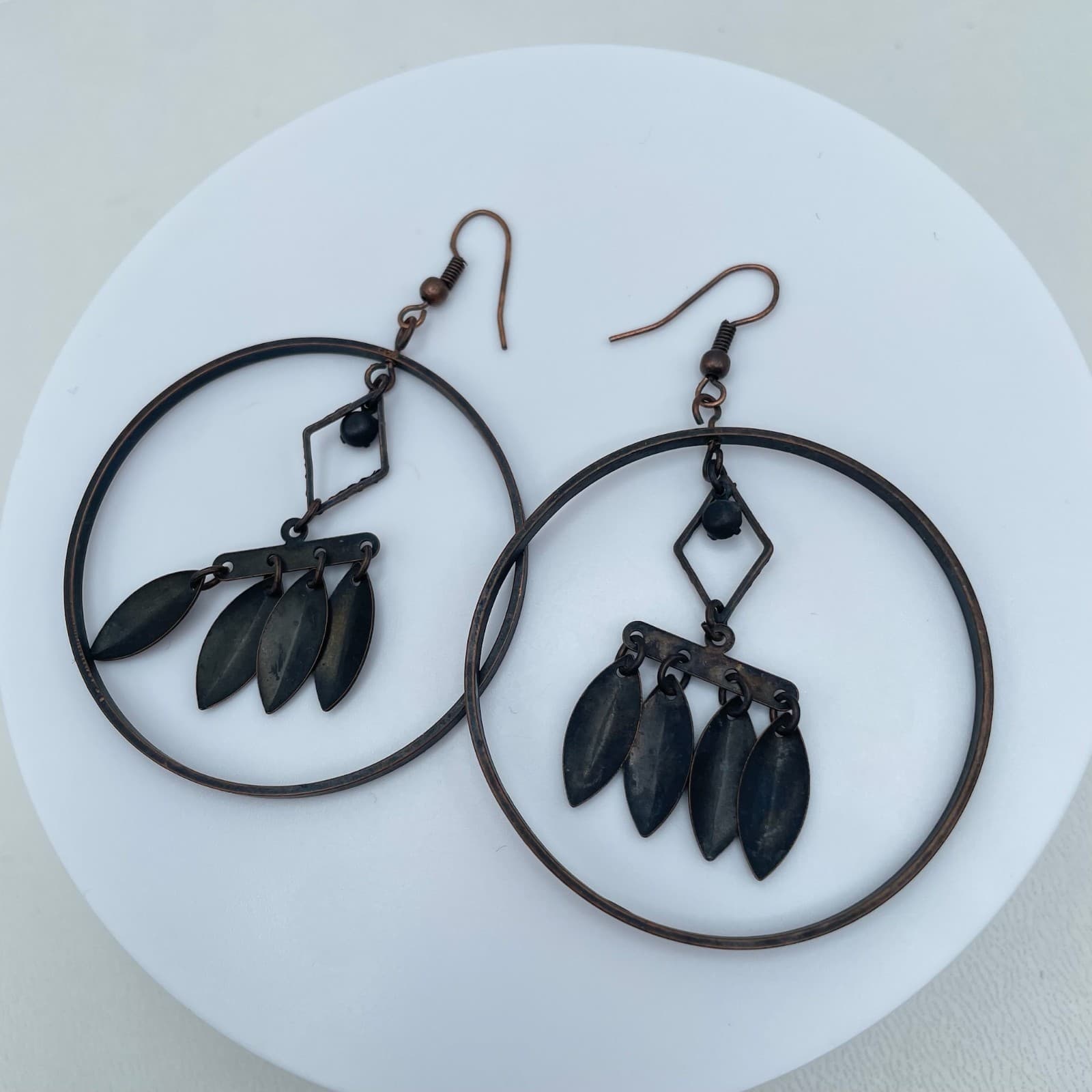 Vintage 90s Copper Tone Geometric Hoop Dangle Earrings Women's Classic Jewelry - Thumbnail 3