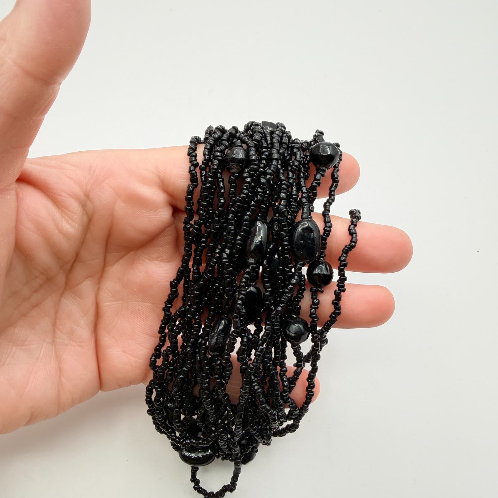 Vintage 90s Black Glass Seed Bead Multi Strand Statement Necklace Chunky Boho - Thumbnail 8