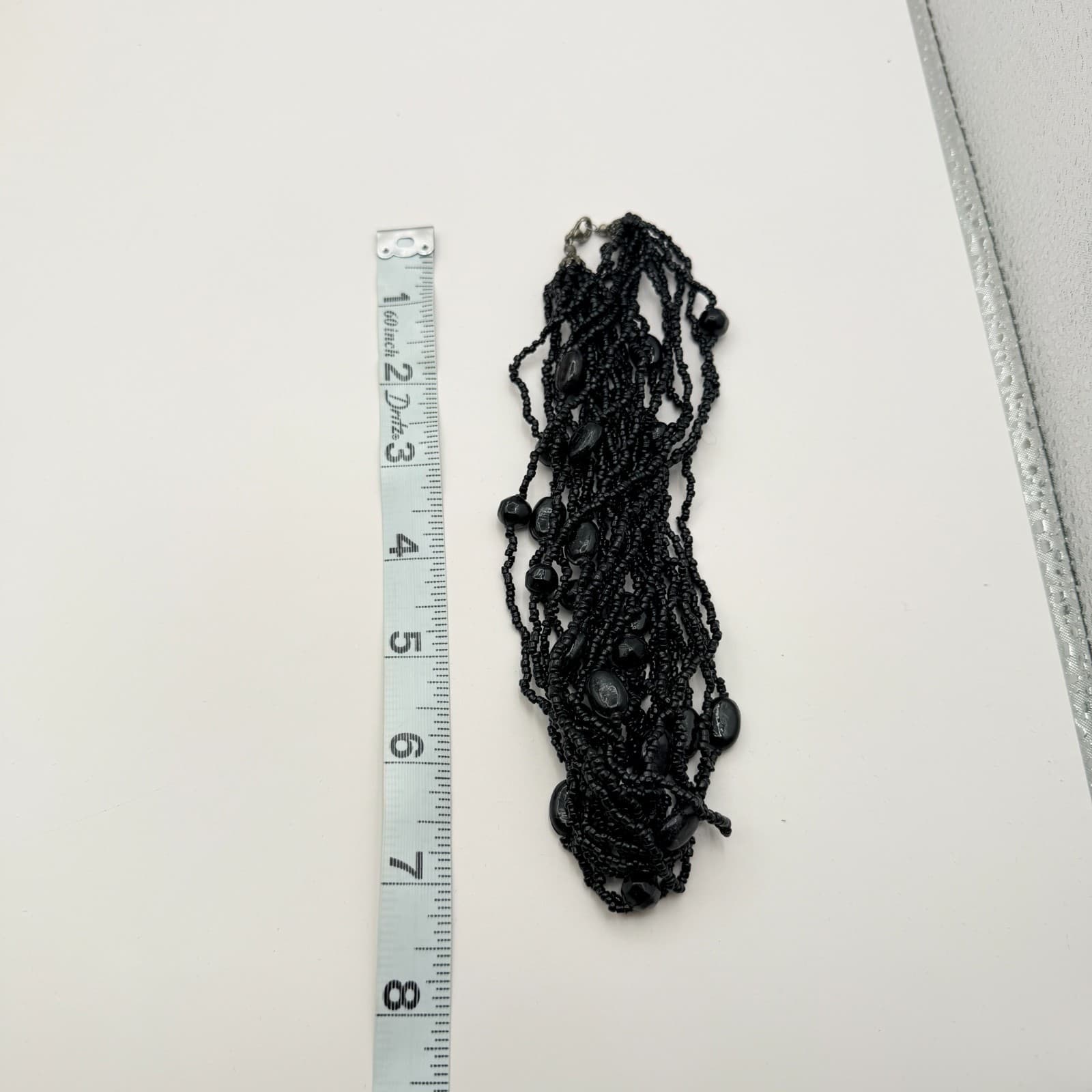 Vintage 90s Black Glass Seed Bead Multi Strand Statement Necklace Chunky Boho - Thumbnail 9