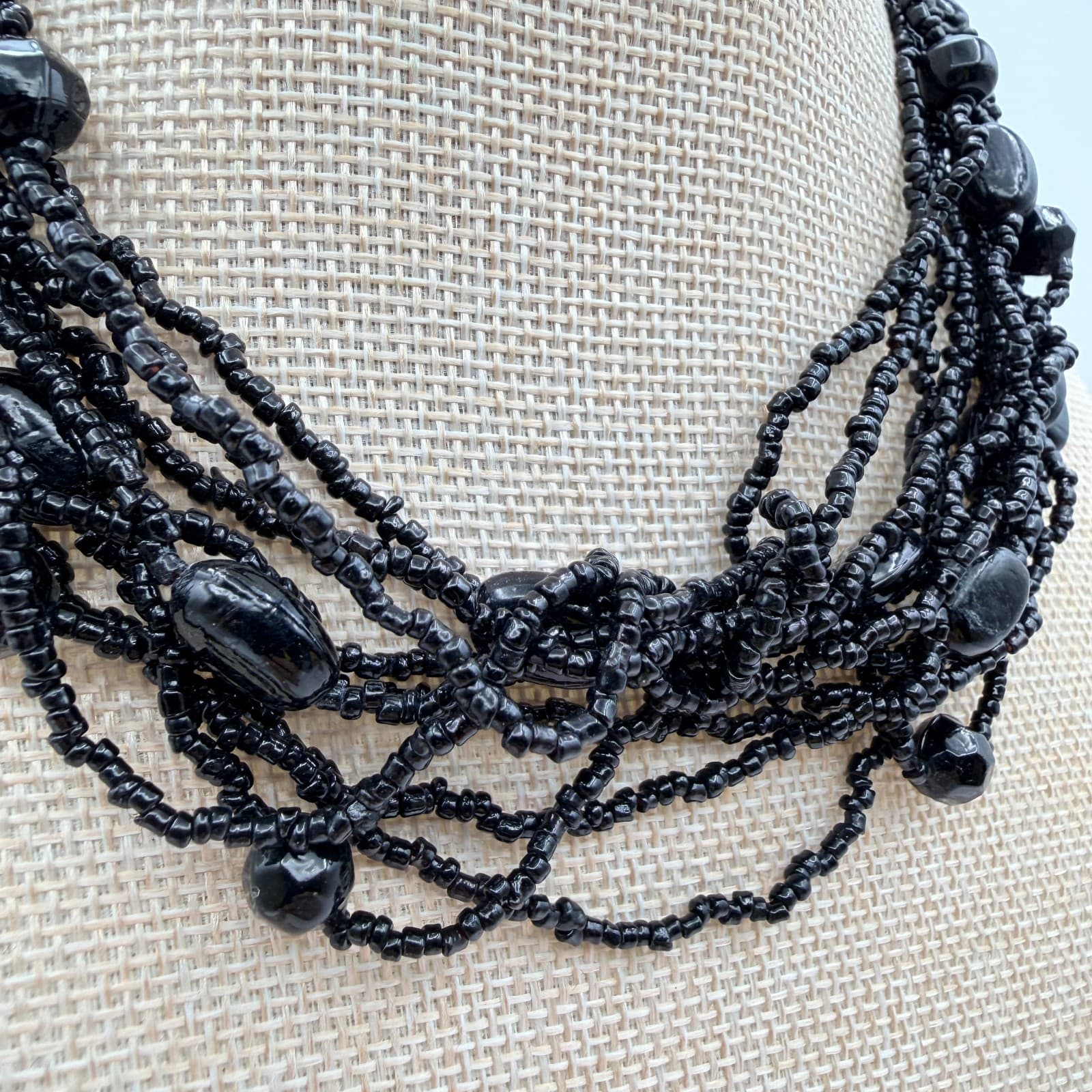 Vintage 90s Black Glass Seed Bead Multi Strand Statement Necklace Chunky Boho - Thumbnail 5
