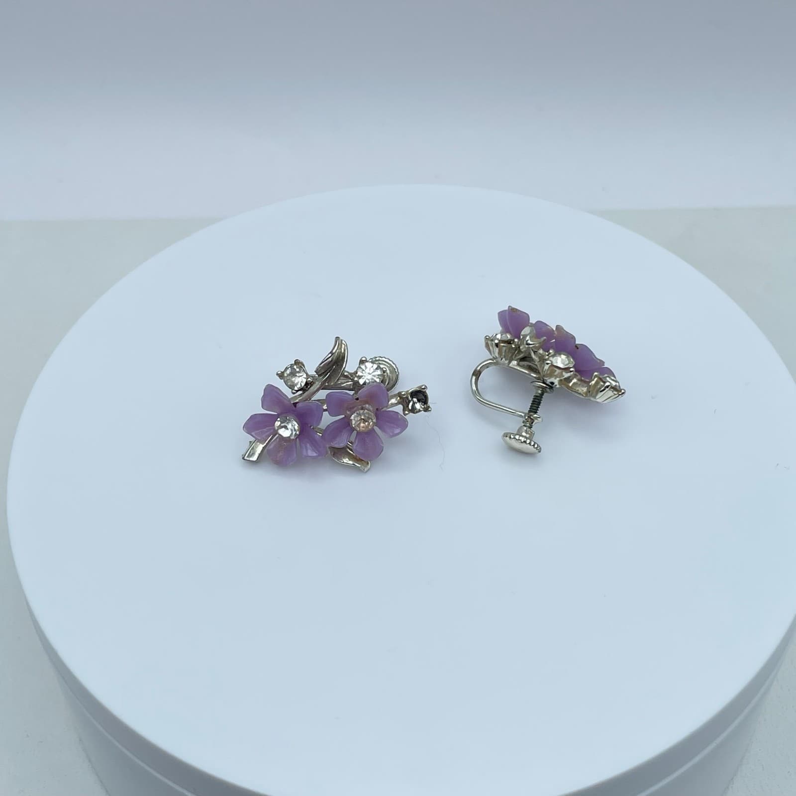 Vintage 90s Silver Tone Purple Flower Rhinestone Earrings Women's Jewelry - Thumbnail 2