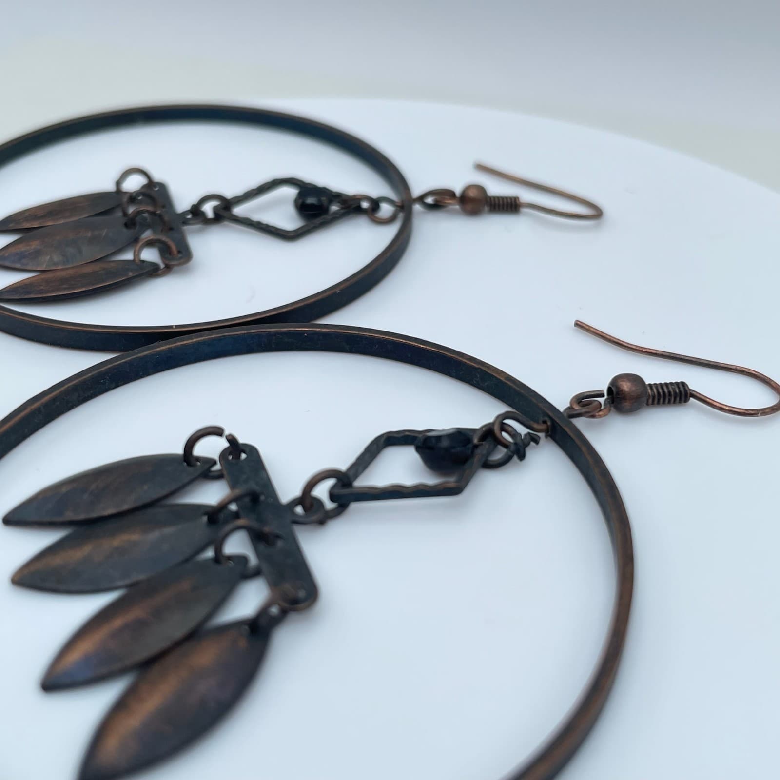 Vintage 90s Copper Tone Geometric Hoop Dangle Earrings Women's Classic Jewelry - Thumbnail 6