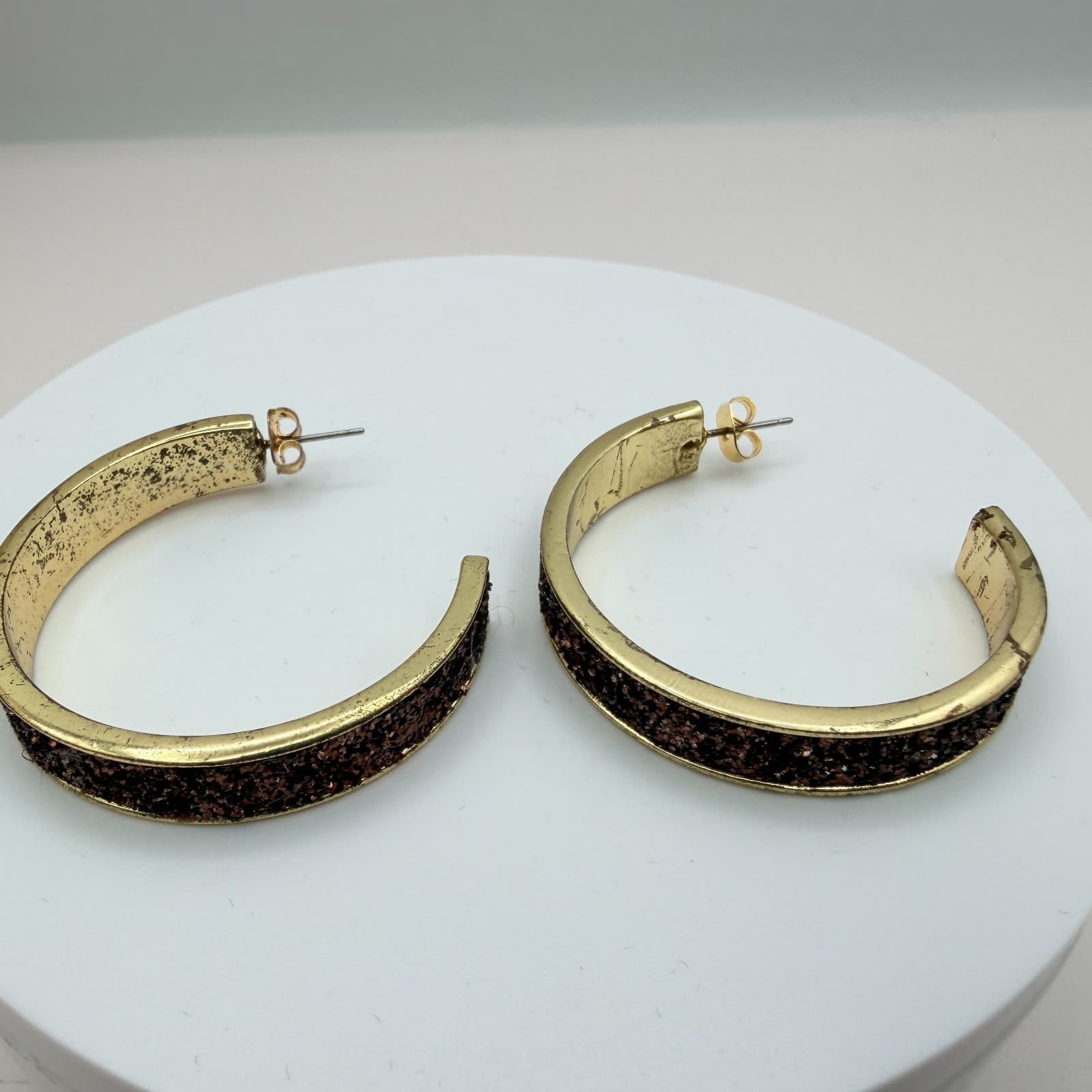 Vintage 90s Gold Tone Glitter Inlay Hoop Earrings Retro Boho Fashion Jewelry - Thumbnail 4