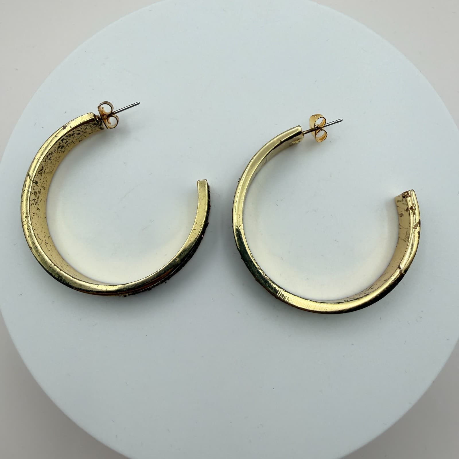 Vintage 90s Gold Tone Glitter Inlay Hoop Earrings Retro Boho Fashion Jewelry - Thumbnail 2