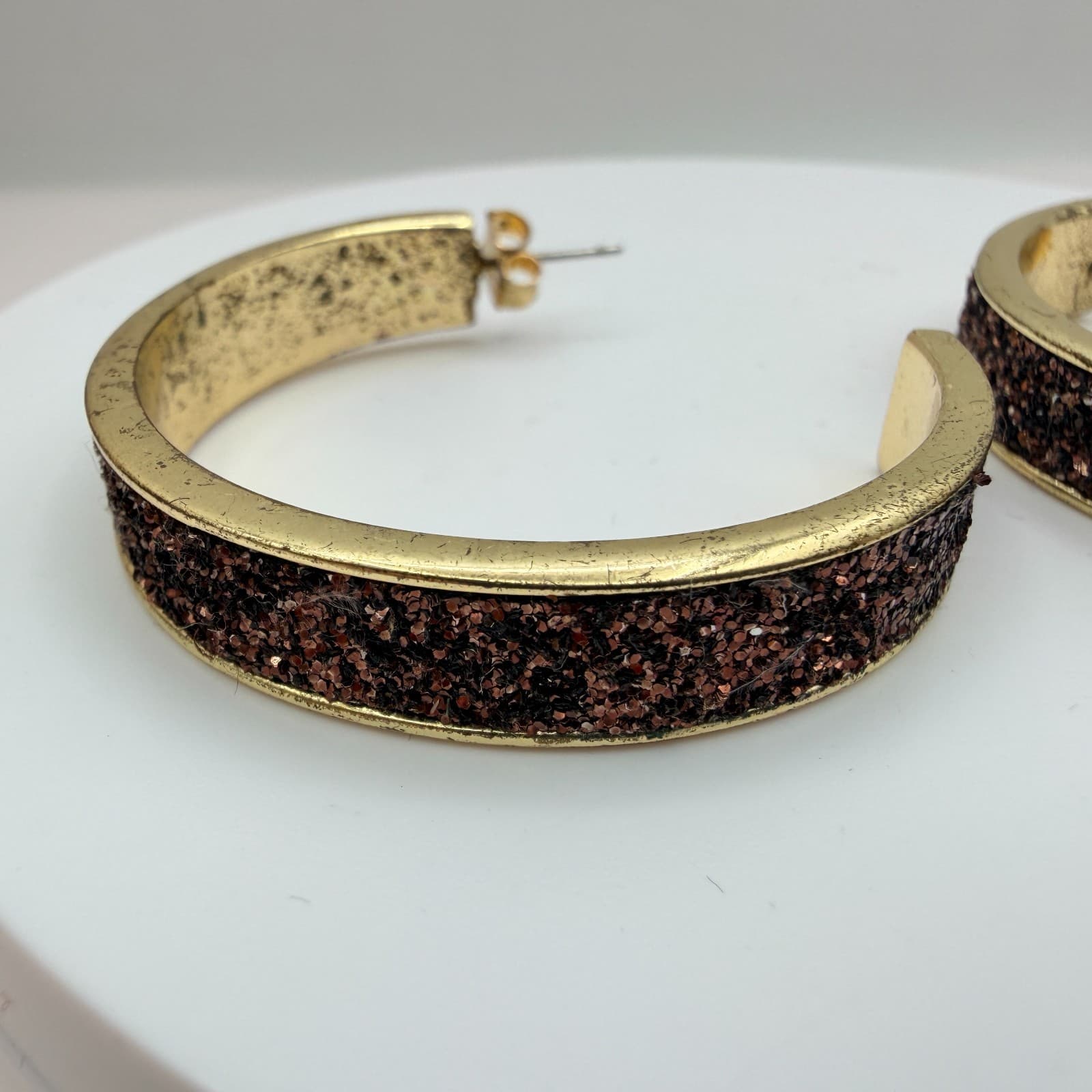 Vintage 90s Gold Tone Glitter Inlay Hoop Earrings Retro Boho Fashion Jewelry - Thumbnail 5