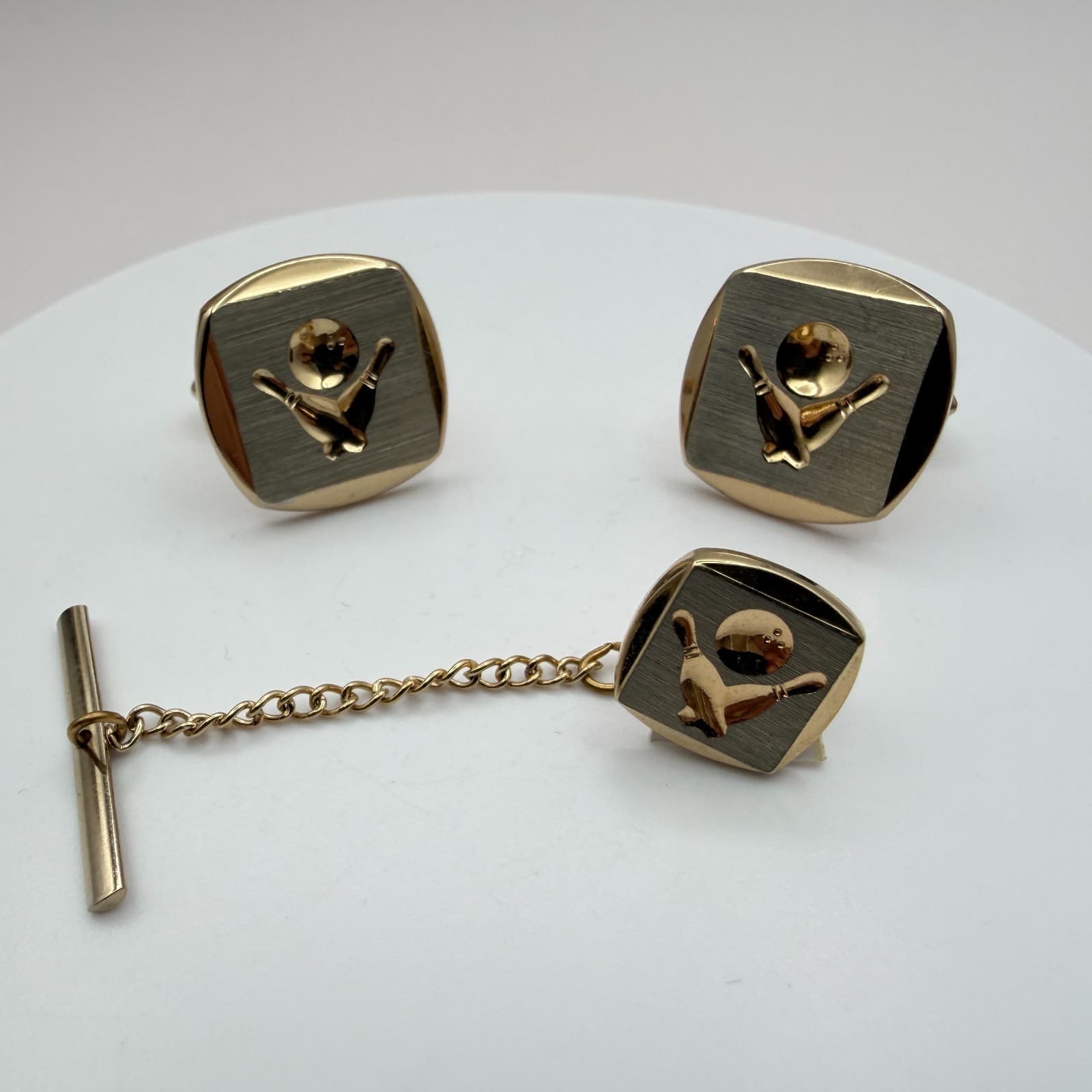 VTG Y2K Gold Tone Bowling Tie Tac Cufflinks Set Men's Classic Fashion Jewelry - Thumbnail 7