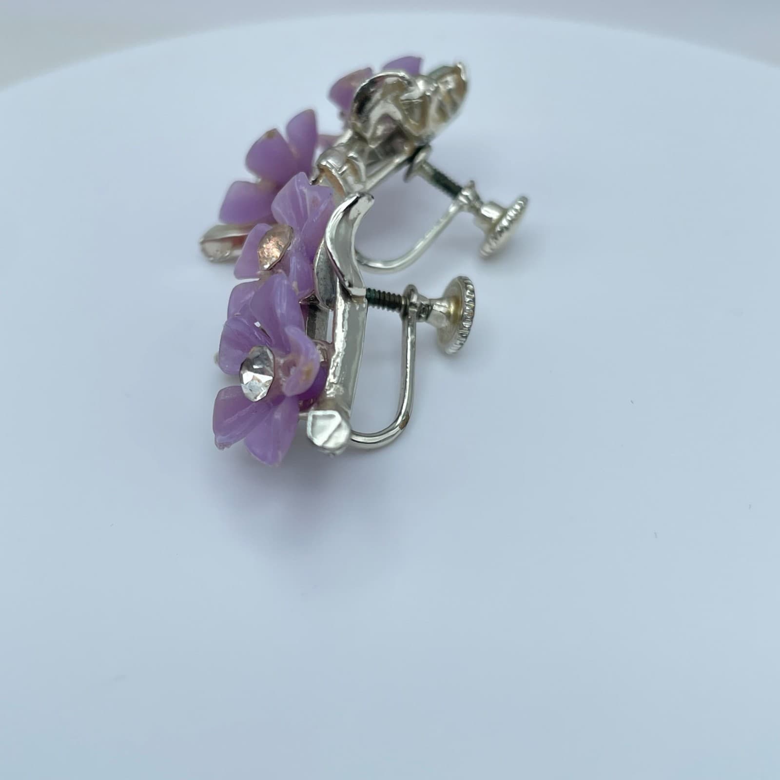 Vintage 90s Silver Tone Purple Flower Rhinestone Earrings Women's Jewelry - Thumbnail 6