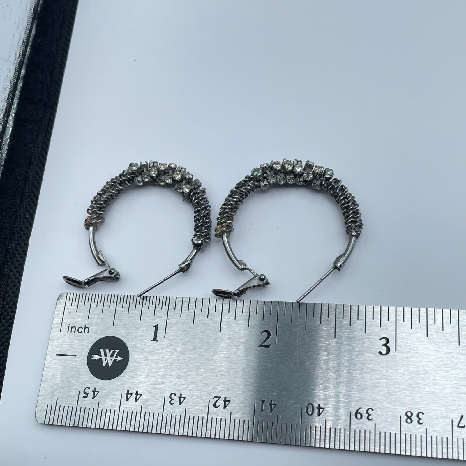 Vintage 90s Silver Tone Clear Rhinestone Mesh Hoop Earrings Women's Jewelry - Thumbnail 5