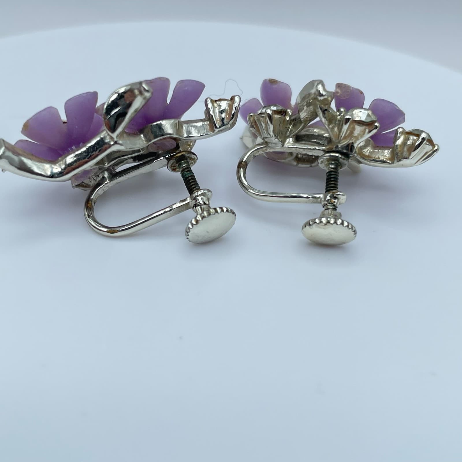 Vintage 90s Silver Tone Purple Flower Rhinestone Earrings Women's Jewelry - Thumbnail 7