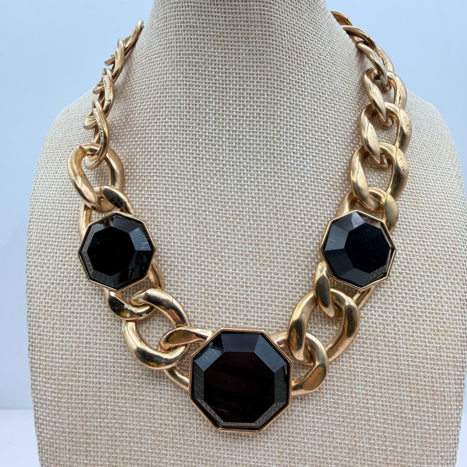 Vintage 90s Chunky Gold Tone Curb Chain Necklace Black Octagon Glass Statement - Image 1