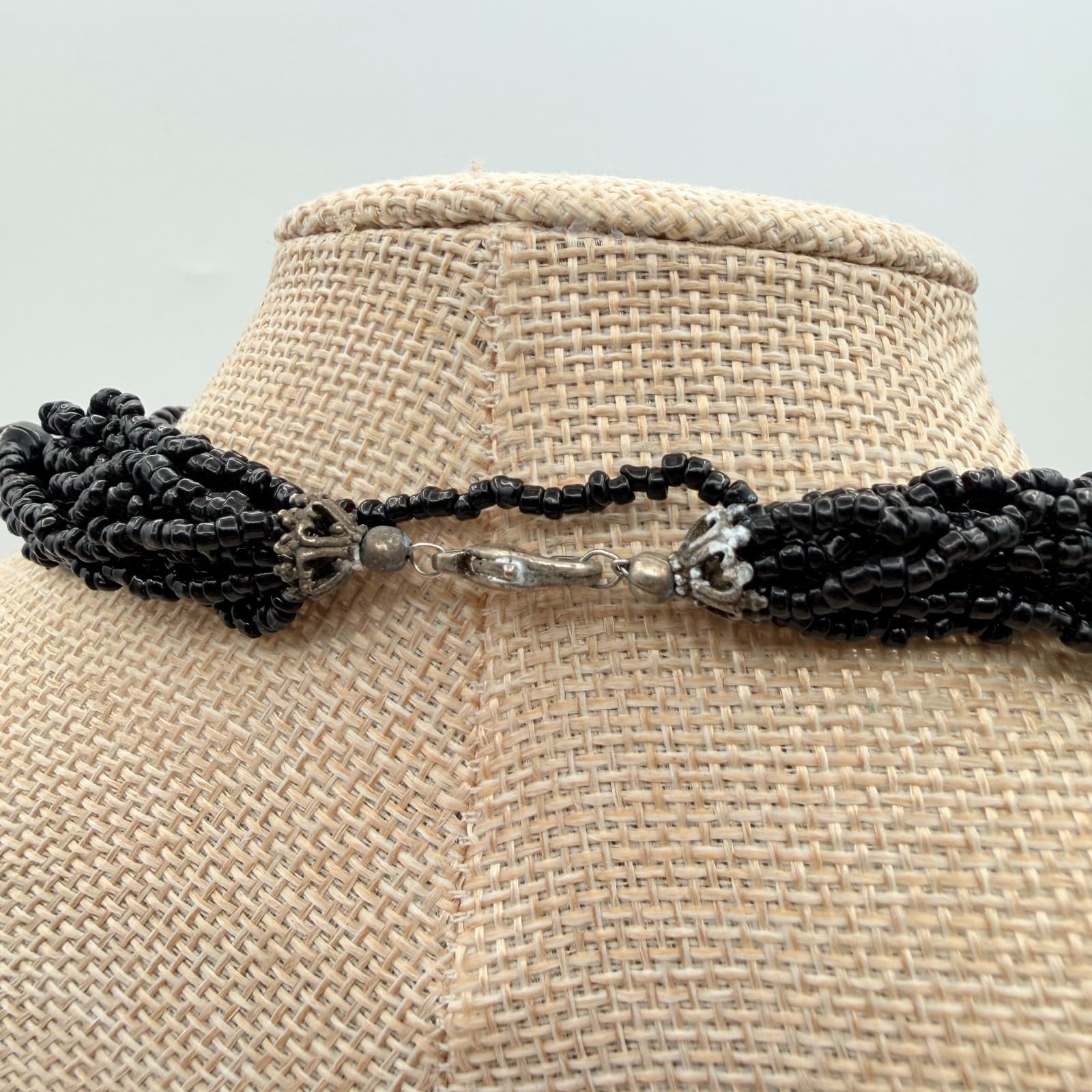 Vintage 90s Black Glass Seed Bead Multi Strand Statement Necklace Chunky Boho - Thumbnail 7