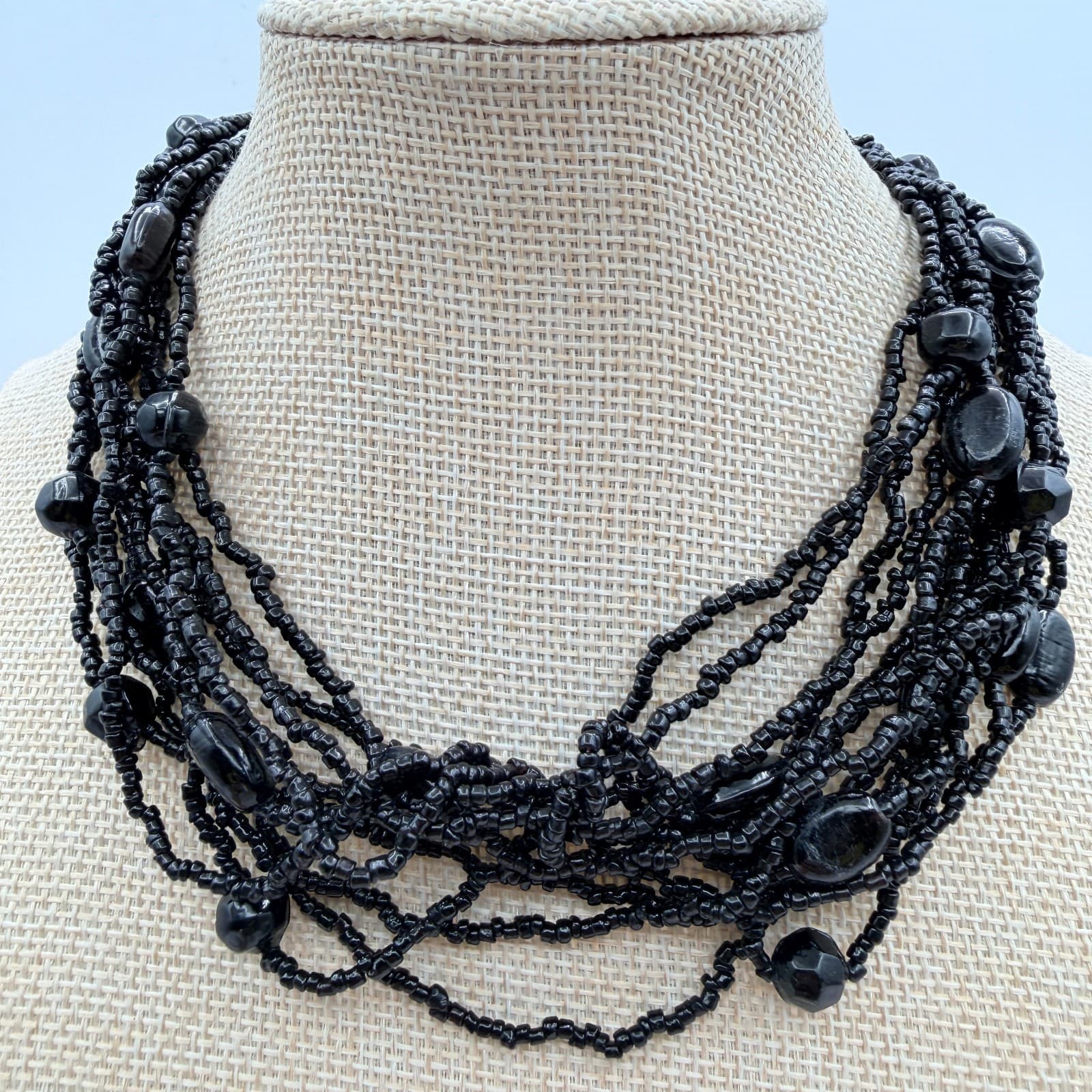 Vintage 90s Black Glass Seed Bead Multi Strand Statement Necklace Chunky Boho - Thumbnail 2