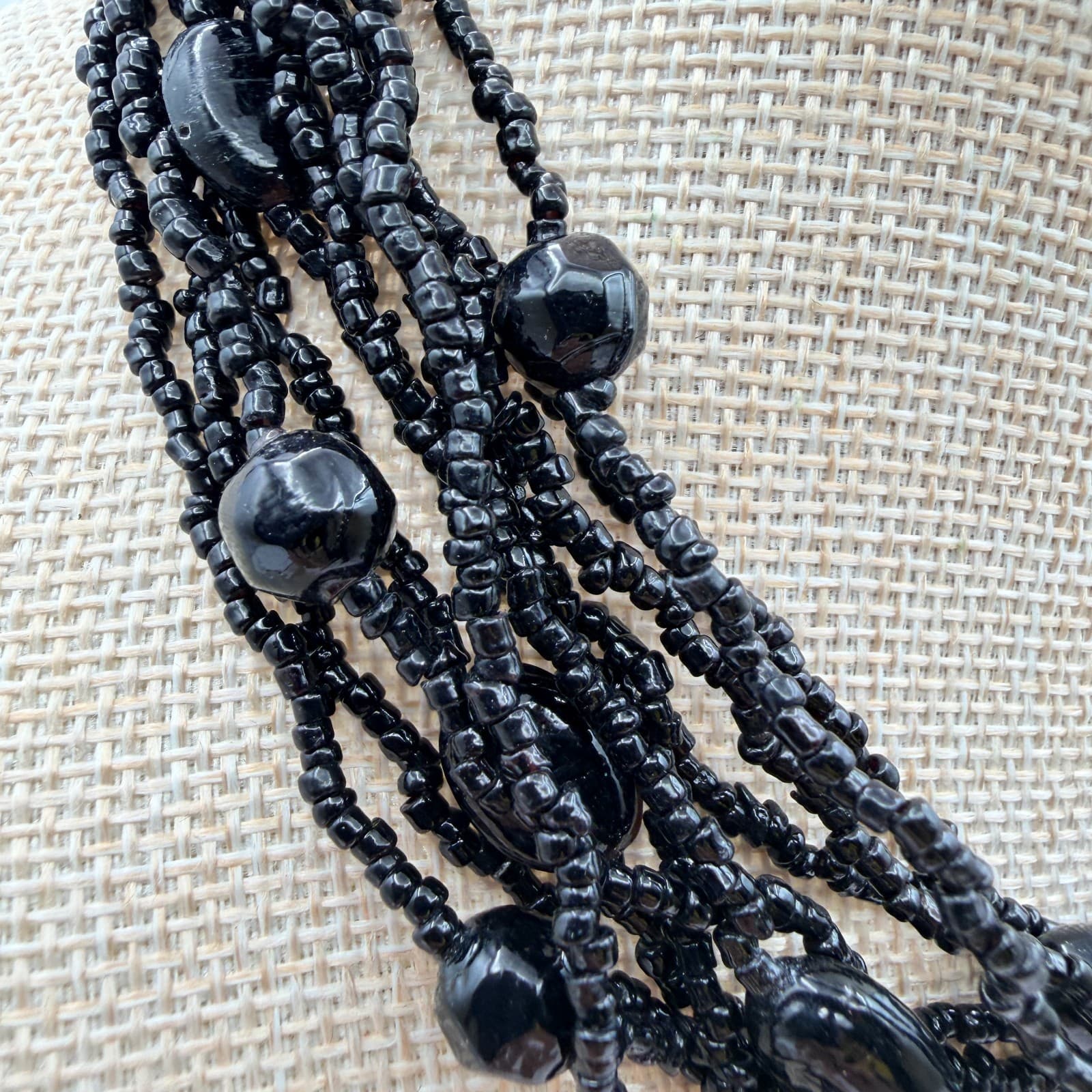 Vintage 90s Black Glass Seed Bead Multi Strand Statement Necklace Chunky Boho - Thumbnail 4