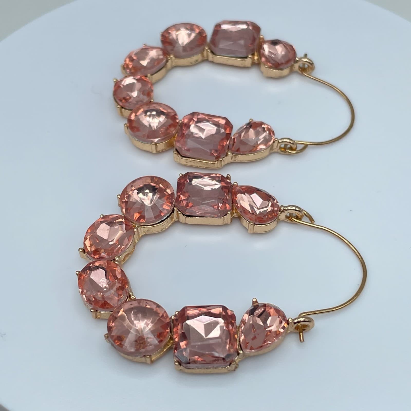 Vintage 90s Gold Tone Peach Pink Hoop Earrings Boho Women's Classic Jewelry - Thumbnail 6