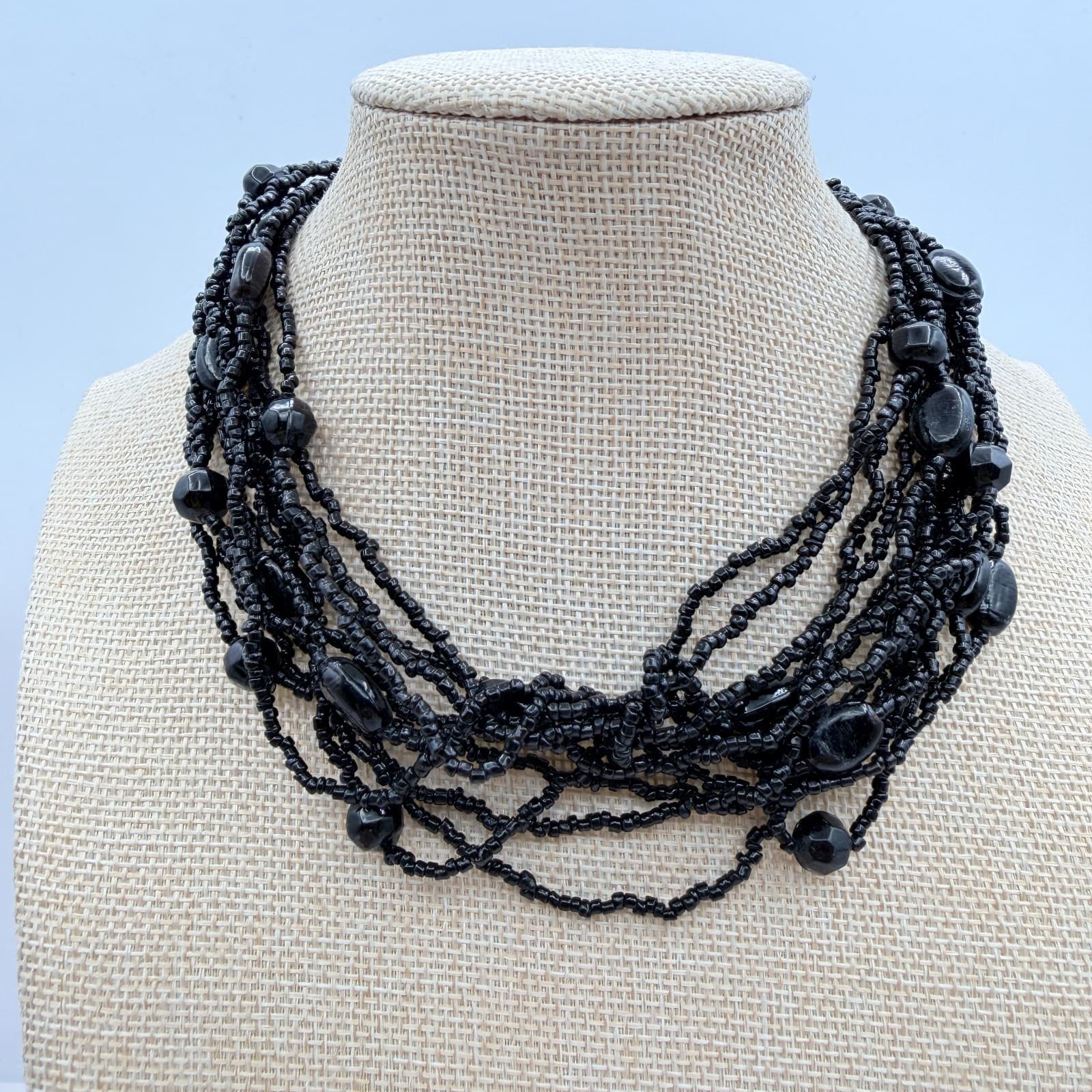 Vintage 90s Black Glass Seed Bead Multi Strand Statement Necklace Chunky Boho - Thumbnail 6