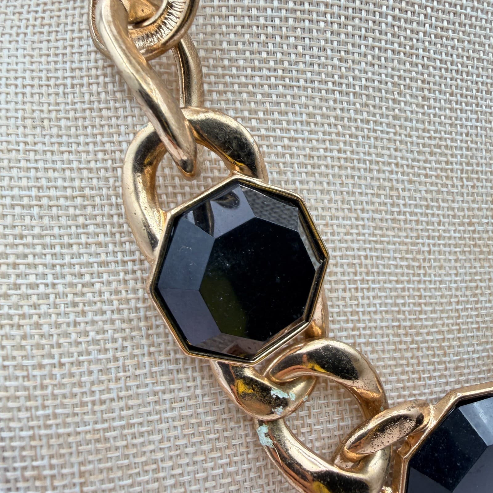 Vintage 90s Chunky Gold Tone Curb Chain Necklace Black Octagon Glass Statement - Thumbnail 5