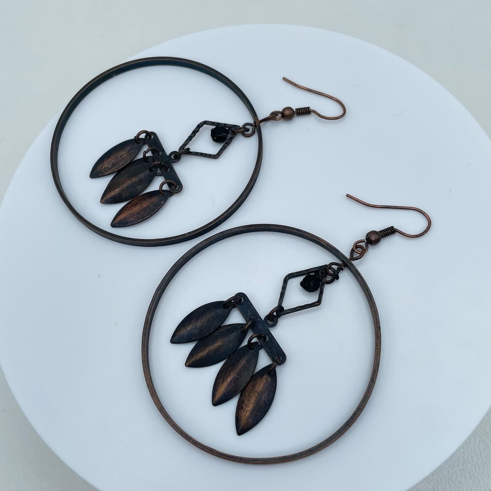 Vintage 90s Copper Tone Geometric Hoop Dangle Earrings Women's Classic Jewelry - Thumbnail 9