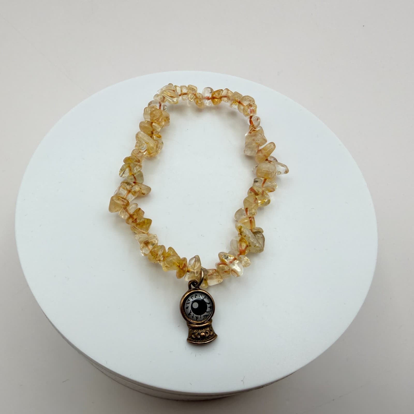 Vintage Yellow Glass Chip Stretch Bracelet Evil Eye Glass Ball Charm Jewelry - Thumbnail 5