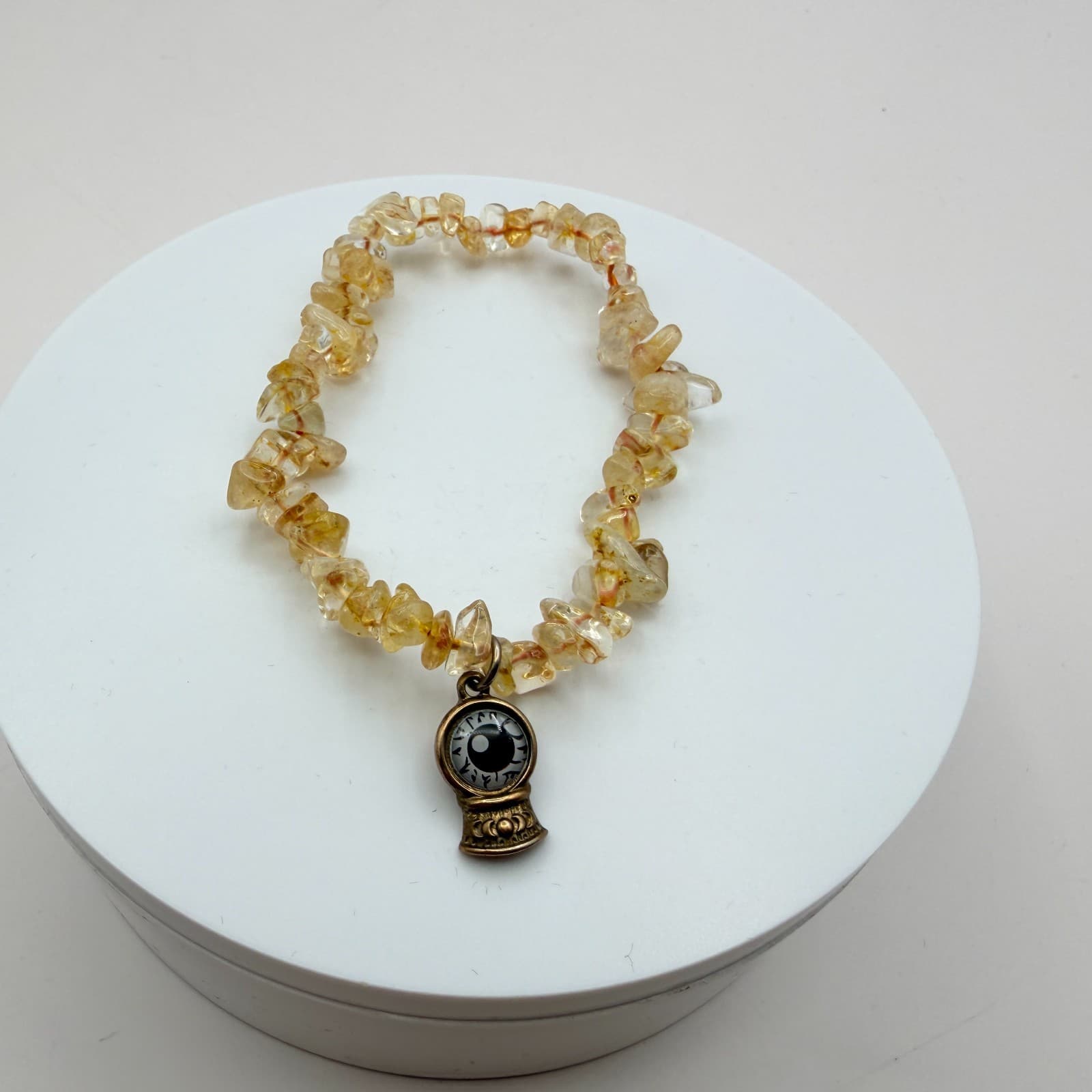 Vintage Yellow Glass Chip Stretch Bracelet Evil Eye Glass Ball Charm Jewelry - Image 1