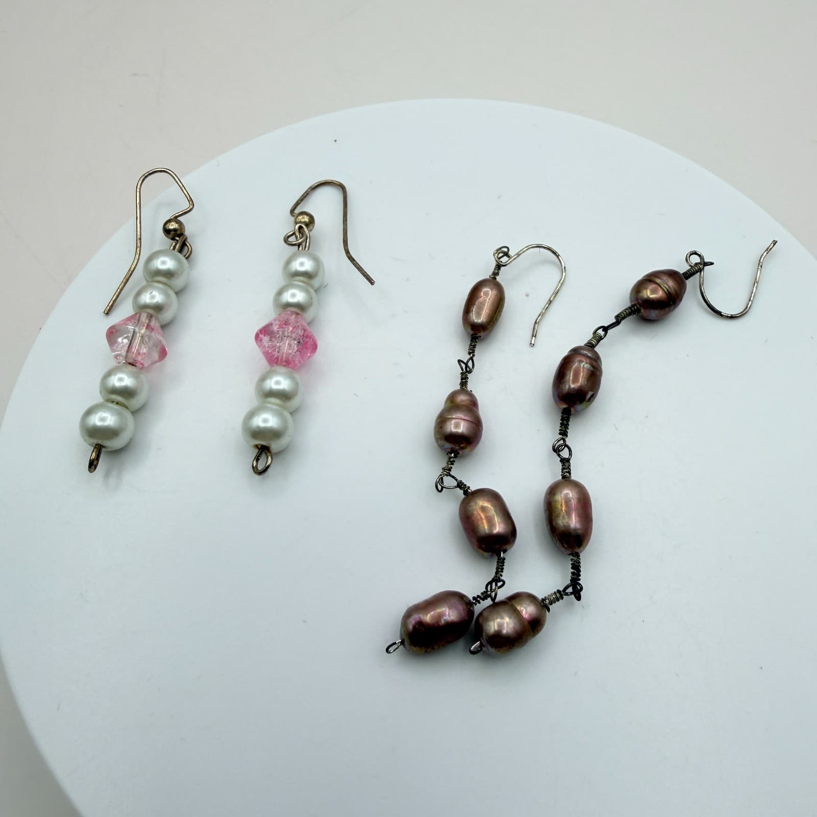 Vintage Y2K Pink Glass Faux Pearl Beaded Dangle Earrings Set Women's Jewelry - Thumbnail 3