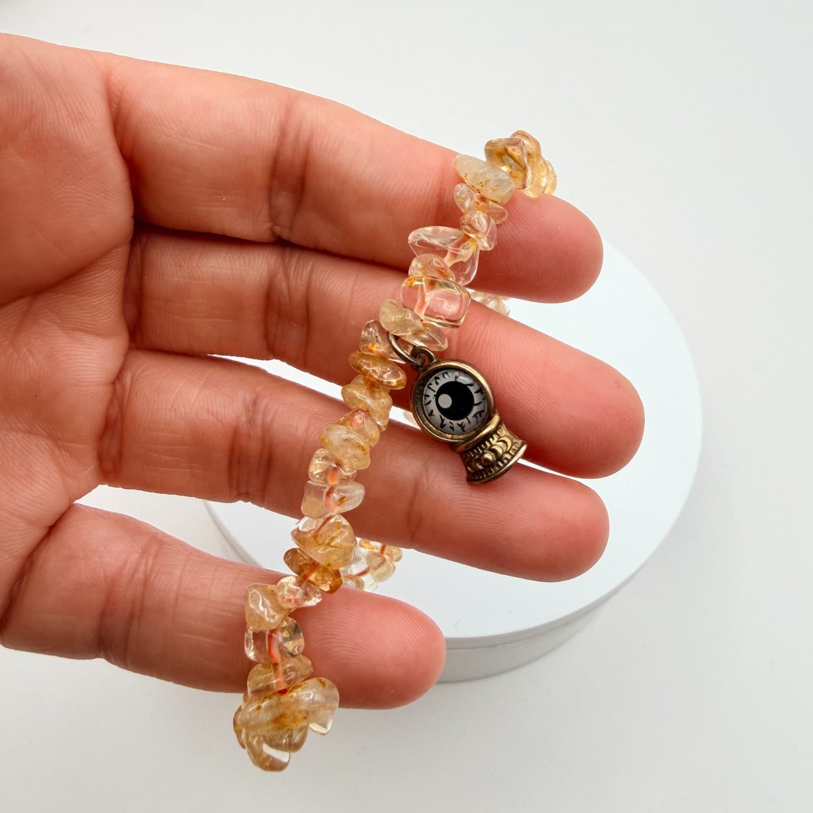 Vintage Yellow Glass Chip Stretch Bracelet Evil Eye Glass Ball Charm Jewelry - Thumbnail 8