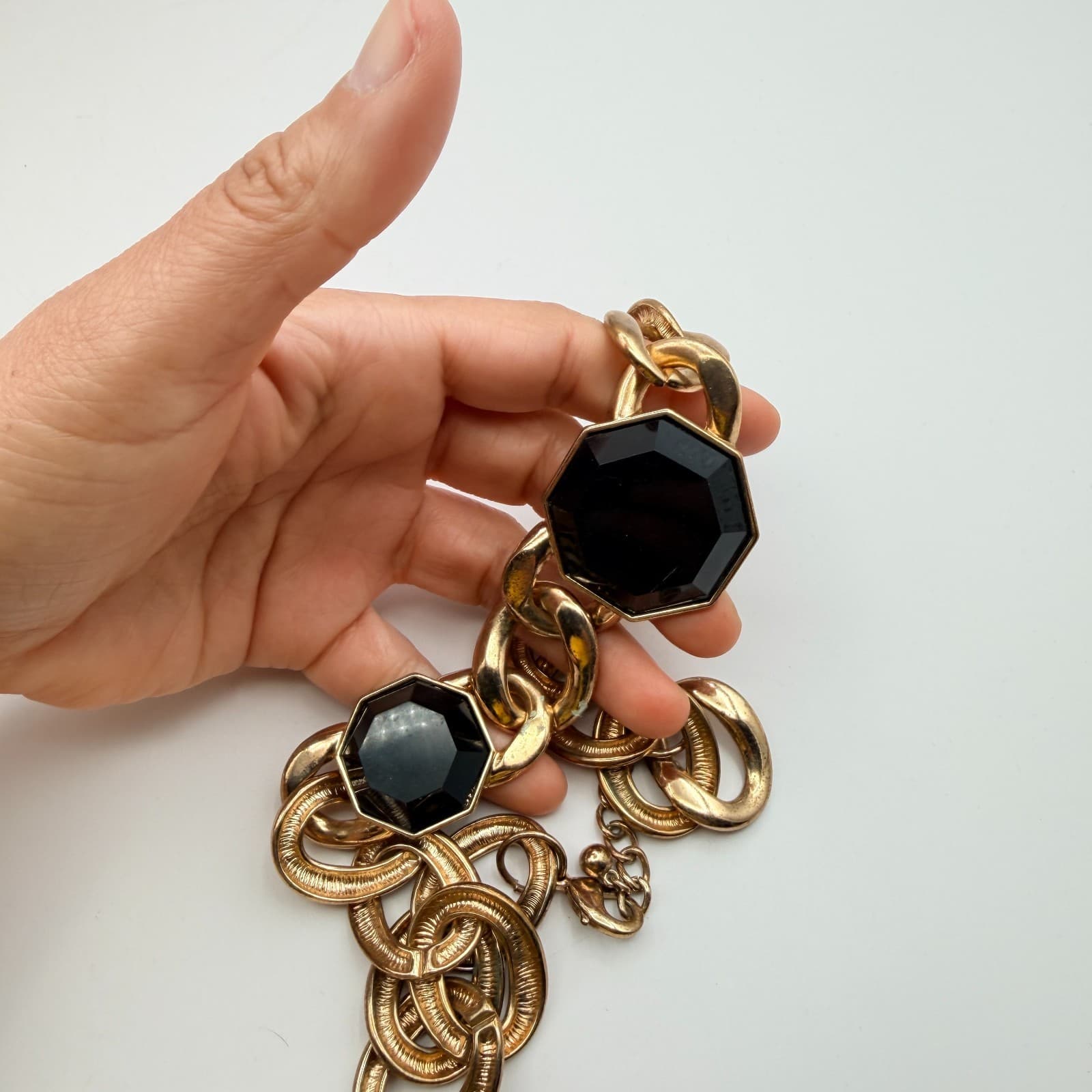 Vintage 90s Chunky Gold Tone Curb Chain Necklace Black Octagon Glass Statement - Thumbnail 9