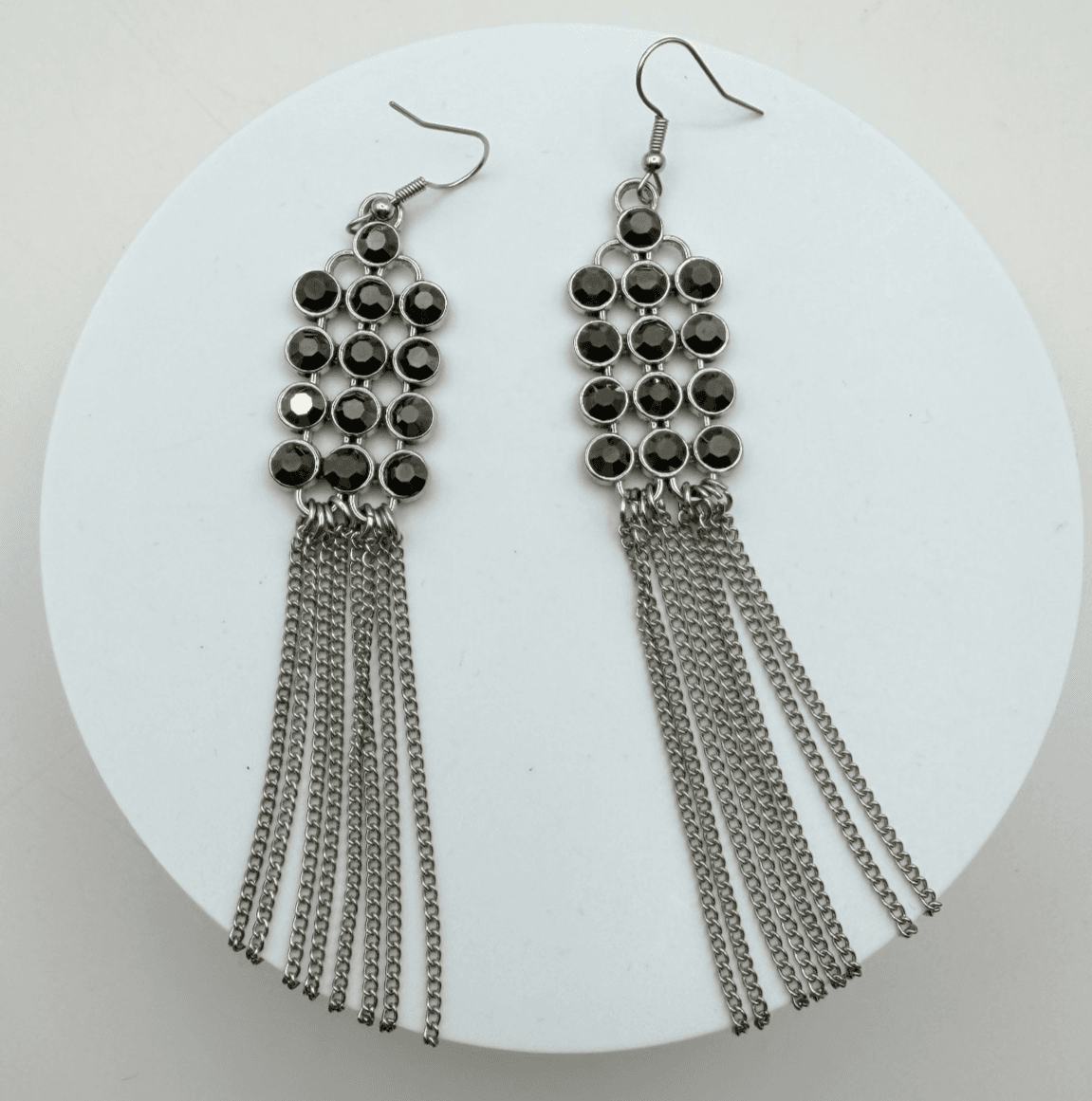 Vintage 90s Black Glass Silver Tone Dangle Drop Tassel Earrings Boho Jewelry - Image 1