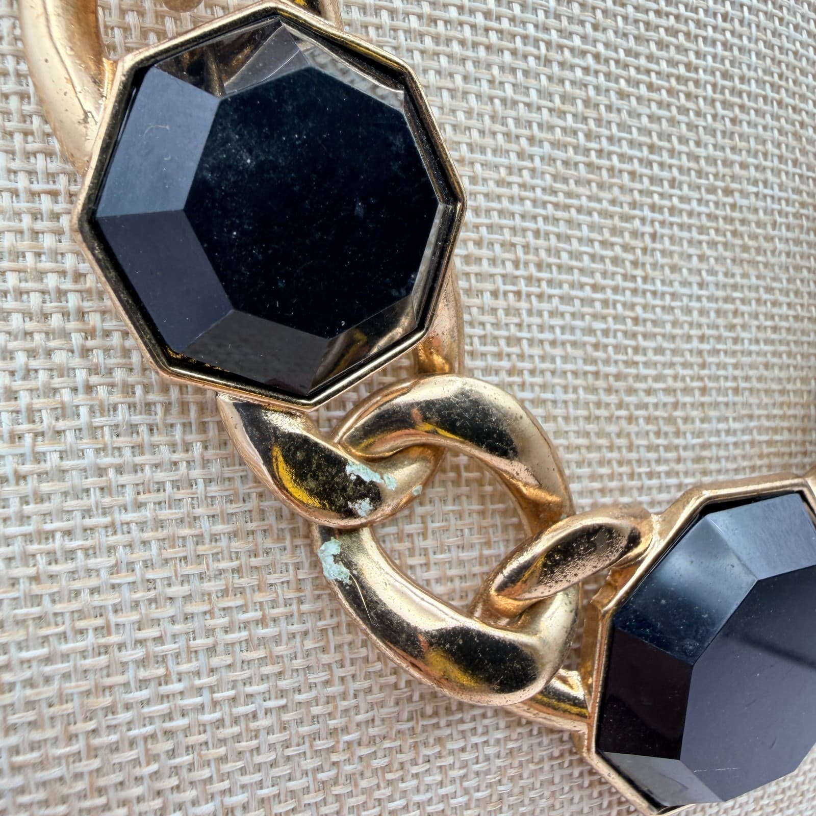 Vintage 90s Chunky Gold Tone Curb Chain Necklace Black Octagon Glass Statement - Thumbnail 6