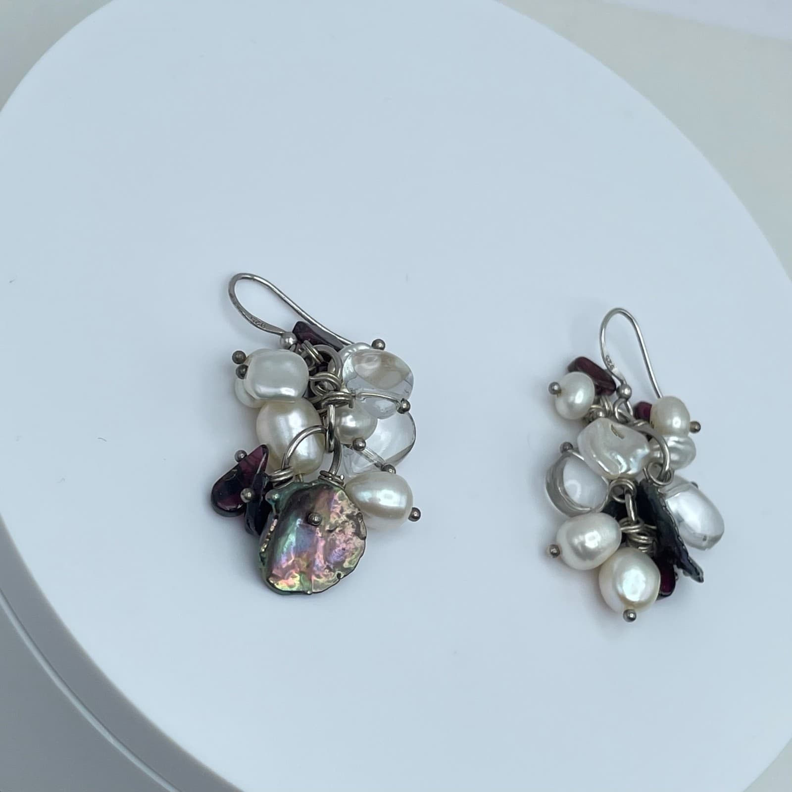 Vintage 90s Silver Tone Hook Earrings Freshwater Pearl Women's Classic Jewelry - Thumbnail 3