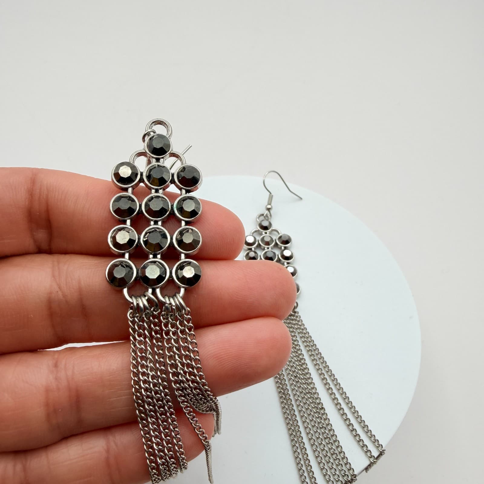 Vintage 90s Black Glass Silver Tone Dangle Drop Tassel Earrings Boho Jewelry - Thumbnail 7