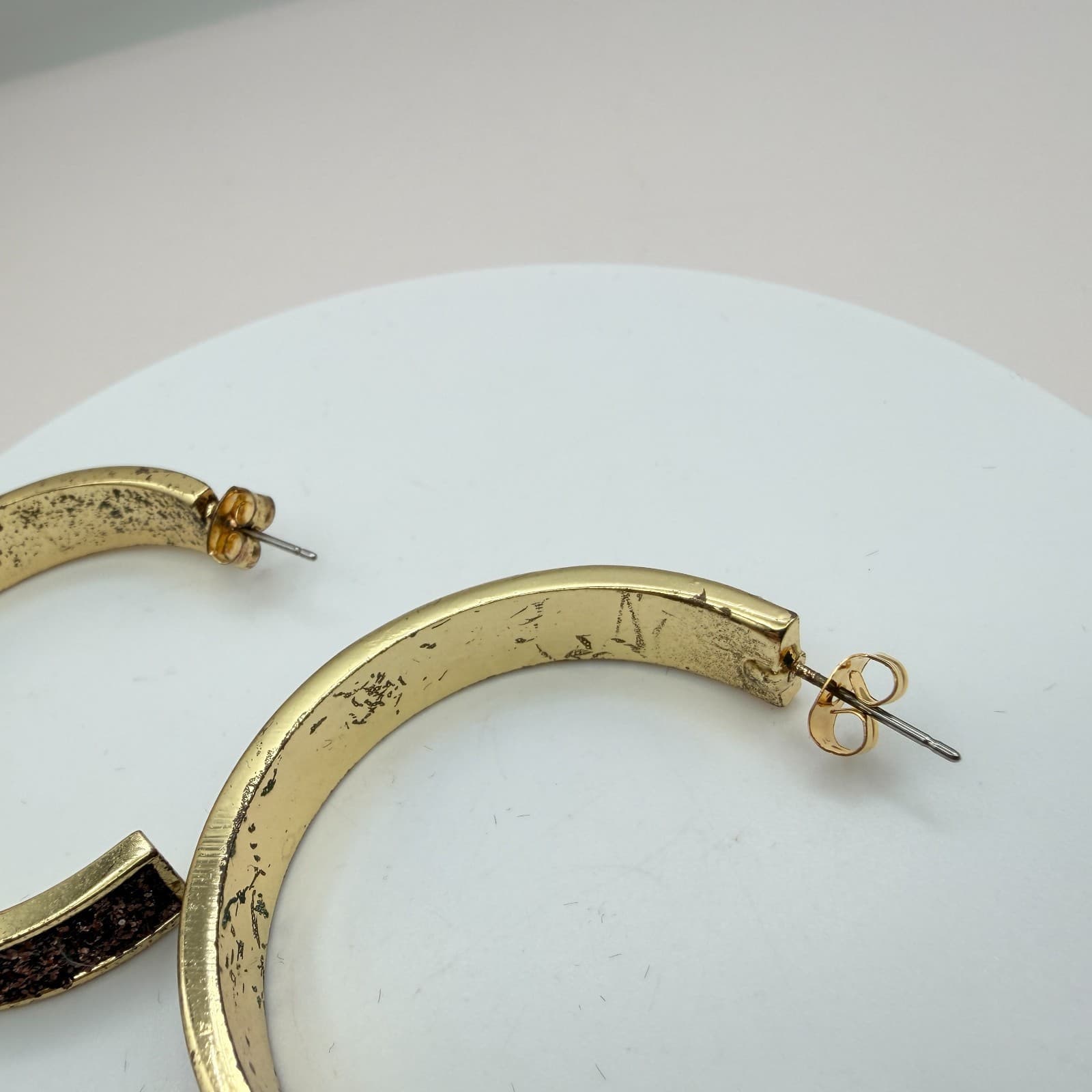 Vintage 90s Gold Tone Glitter Inlay Hoop Earrings Retro Boho Fashion Jewelry - Thumbnail 6