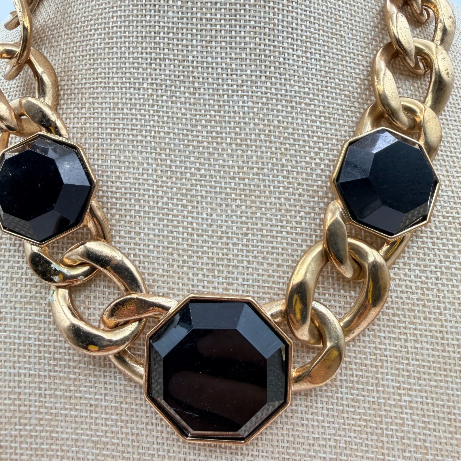 Vintage 90s Chunky Gold Tone Curb Chain Necklace Black Octagon Glass Statement - Thumbnail 3