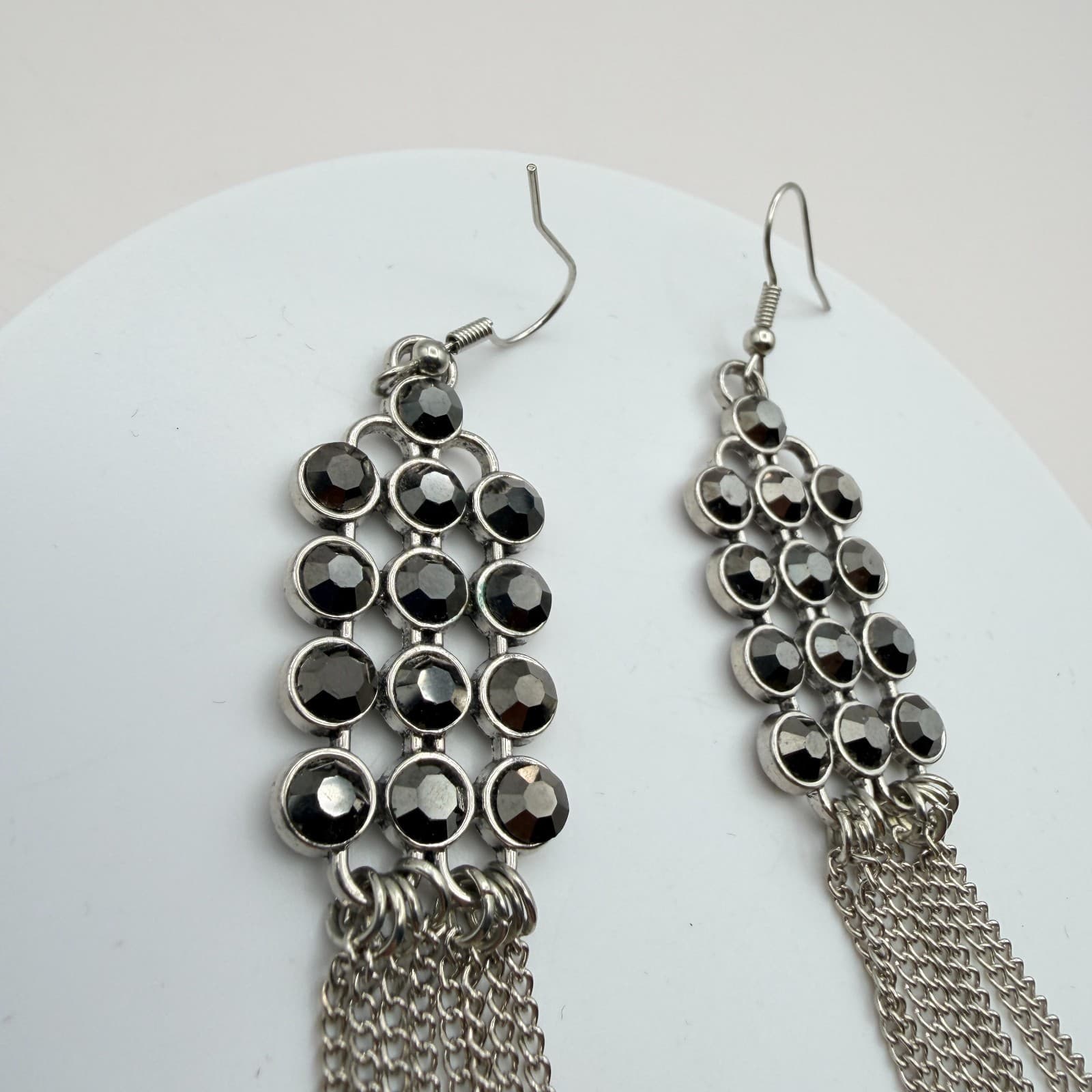 Vintage 90s Black Glass Silver Tone Dangle Drop Tassel Earrings Boho Jewelry - Thumbnail 5