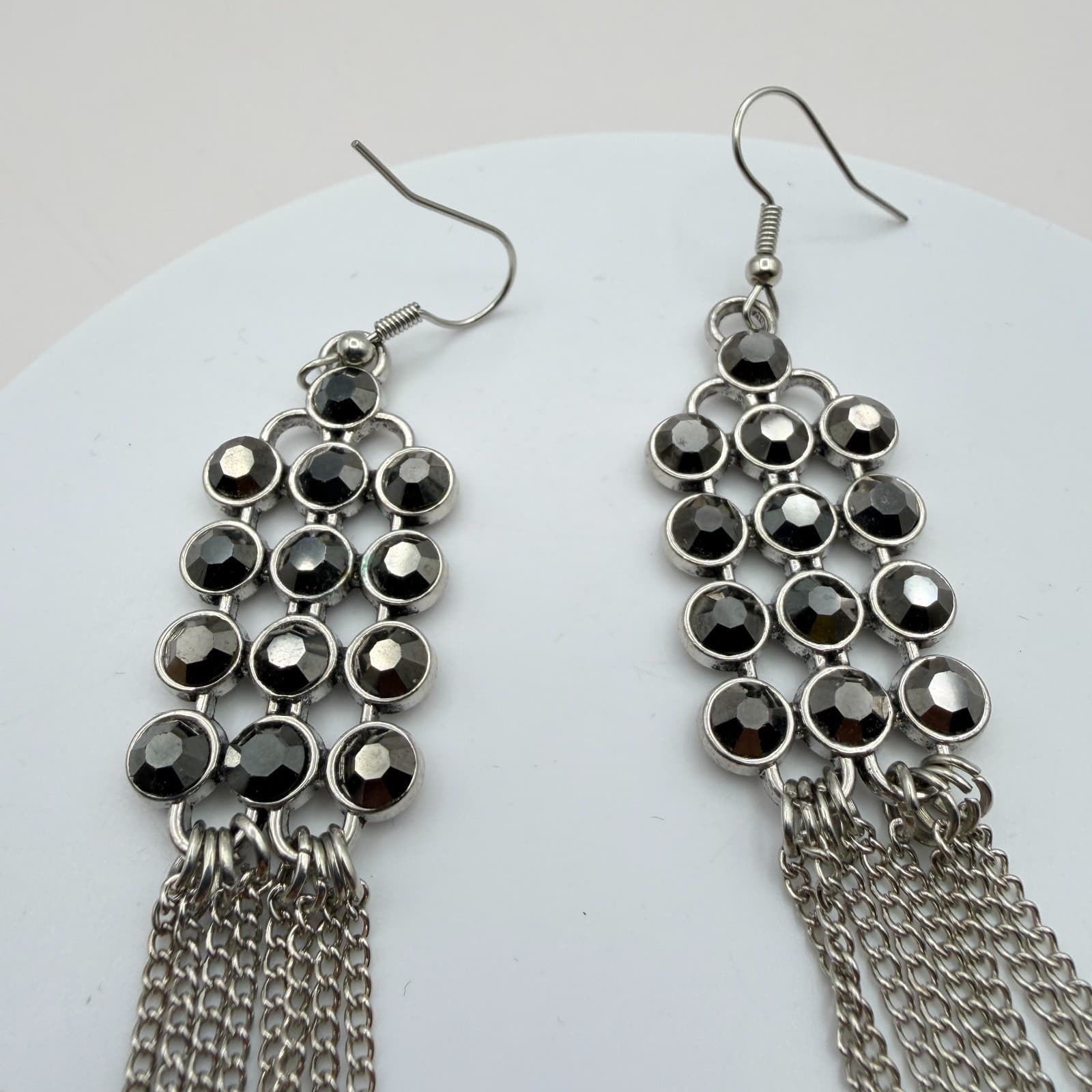 Vintage 90s Black Glass Silver Tone Dangle Drop Tassel Earrings Boho Jewelry - Thumbnail 4