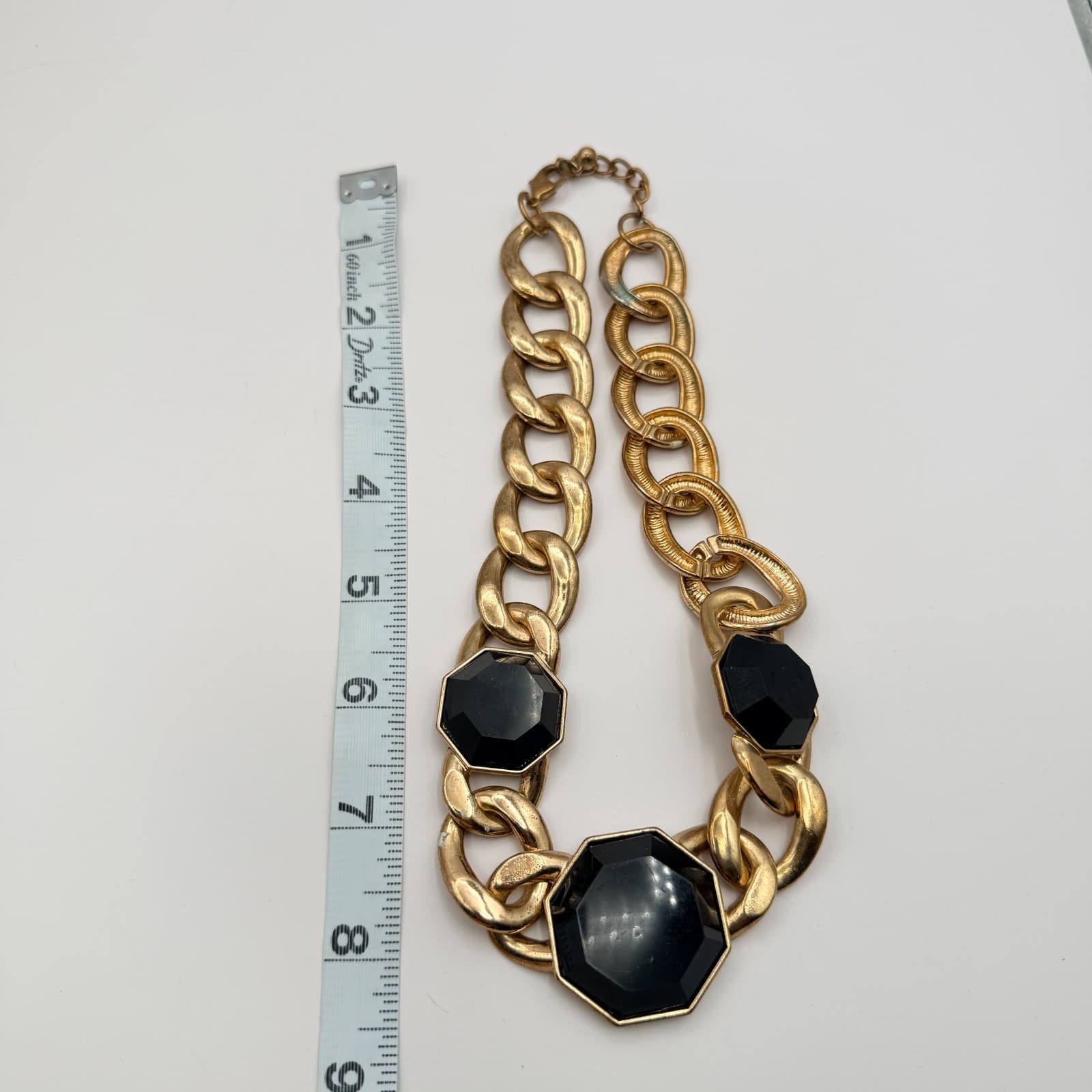 Vintage 90s Chunky Gold Tone Curb Chain Necklace Black Octagon Glass Statement - Thumbnail 10