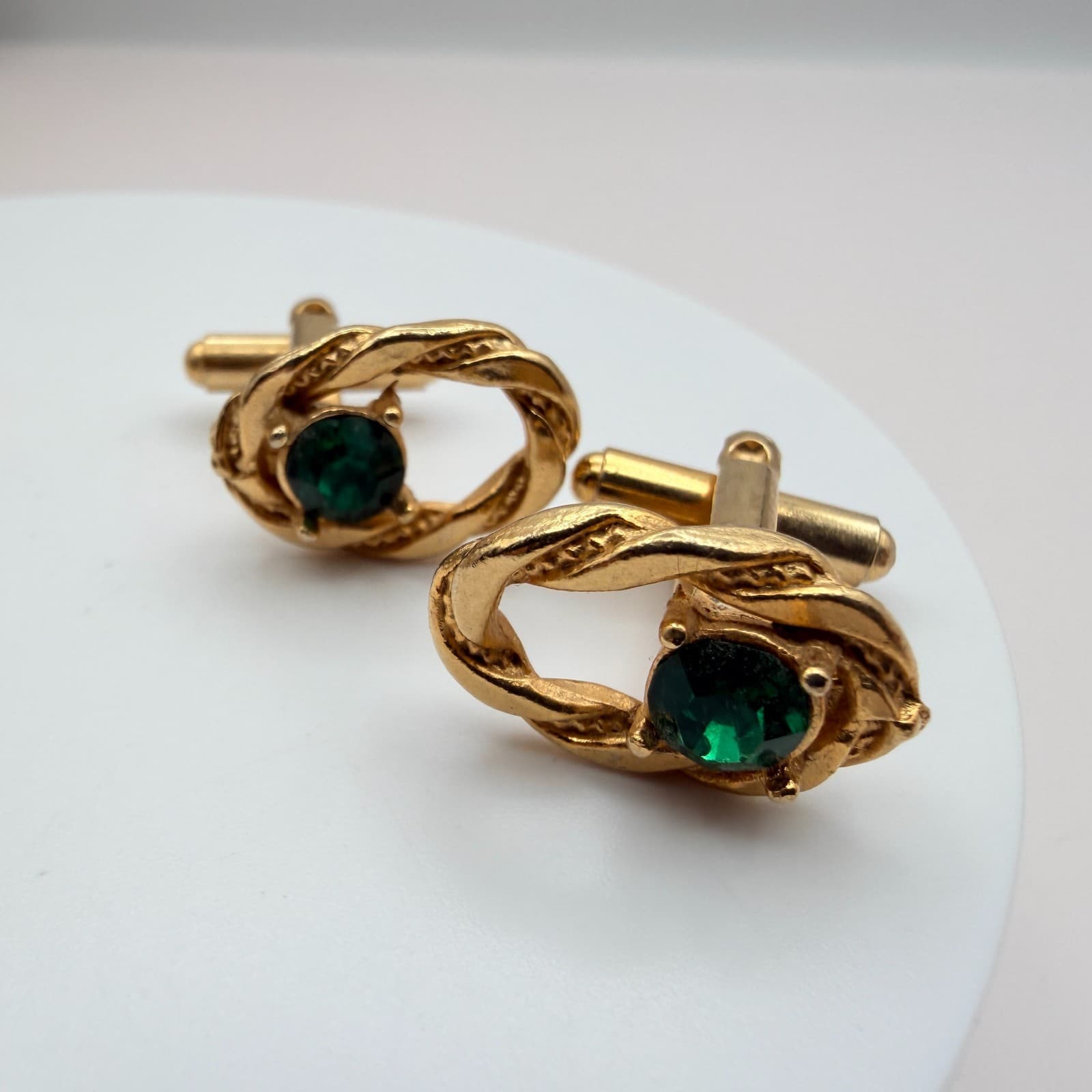 Vintage Y2K Gold Tone Faux Pearl Green Glass Cufflinks Set 2 Pair Men's Jewelry - Thumbnail 6