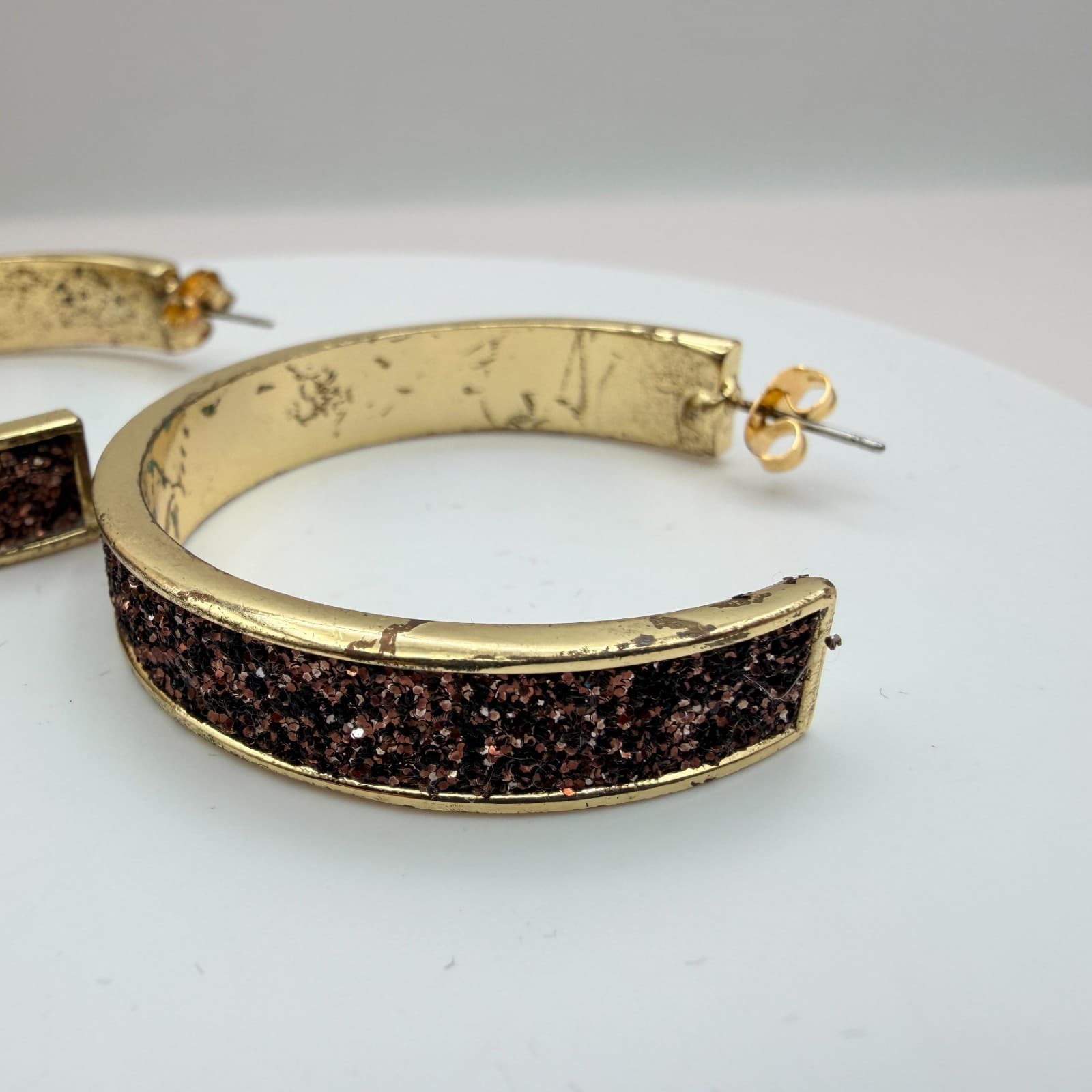 Vintage 90s Gold Tone Glitter Inlay Hoop Earrings Retro Boho Fashion Jewelry - Thumbnail 7