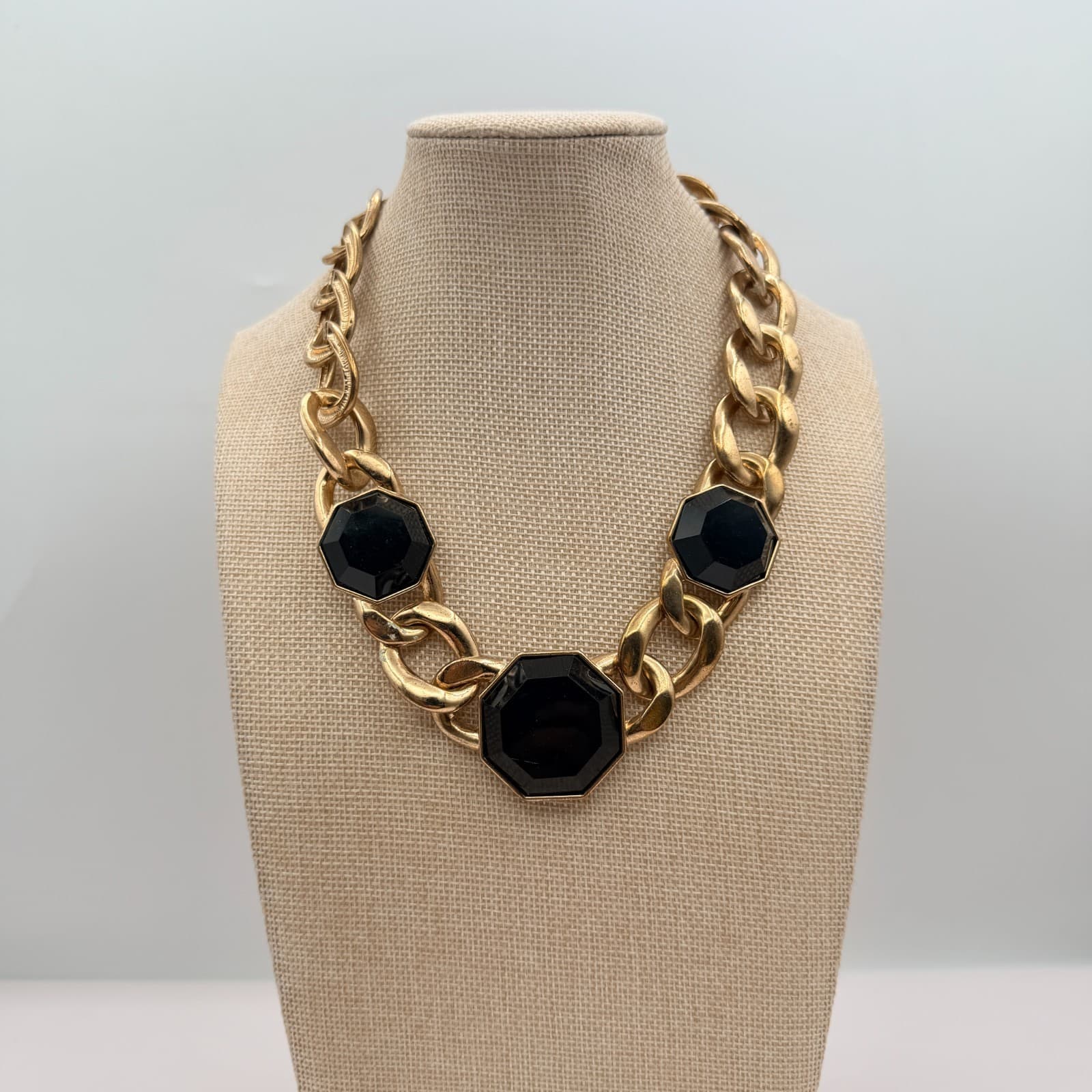 Vintage 90s Chunky Gold Tone Curb Chain Necklace Black Octagon Glass Statement - Thumbnail 8