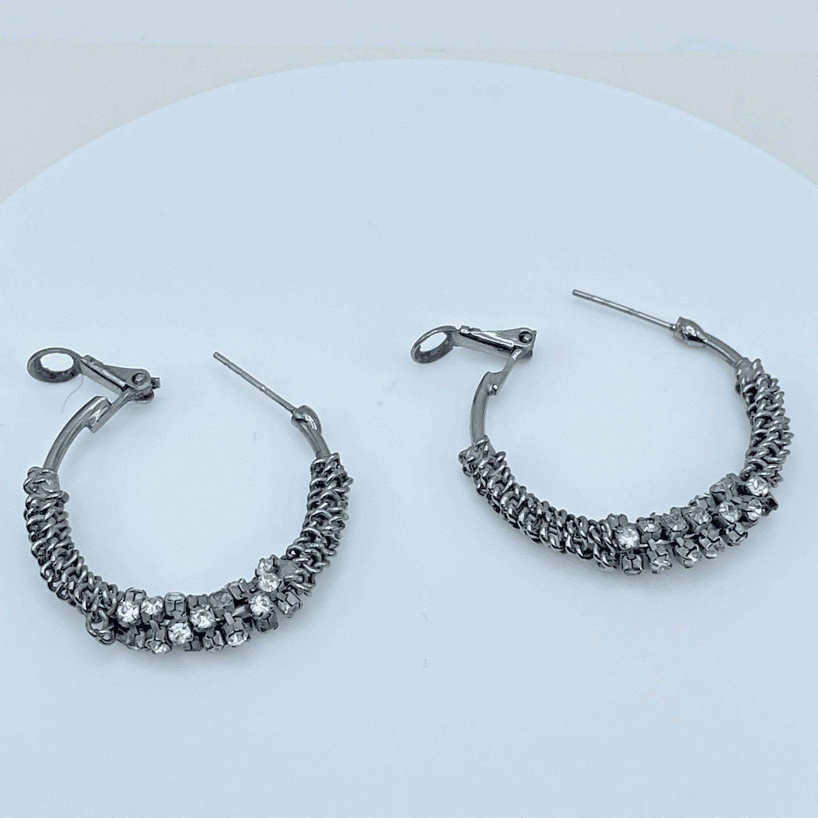 Vintage 90s Silver Tone Clear Rhinestone Mesh Hoop Earrings Women's Jewelry - Image 1