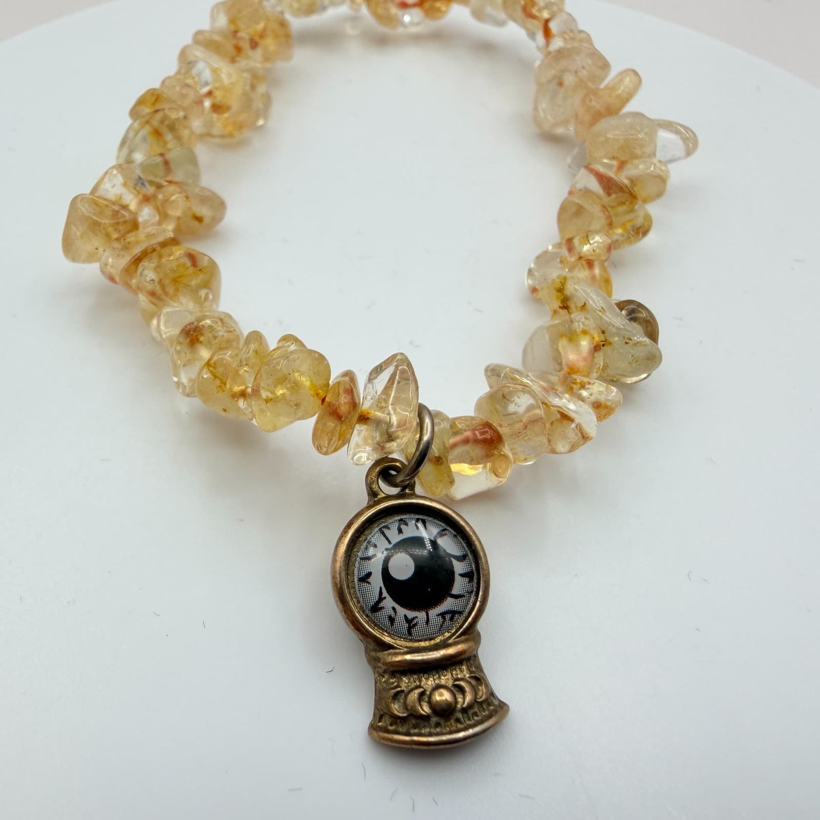 Vintage Yellow Glass Chip Stretch Bracelet Evil Eye Glass Ball Charm Jewelry - Thumbnail 2