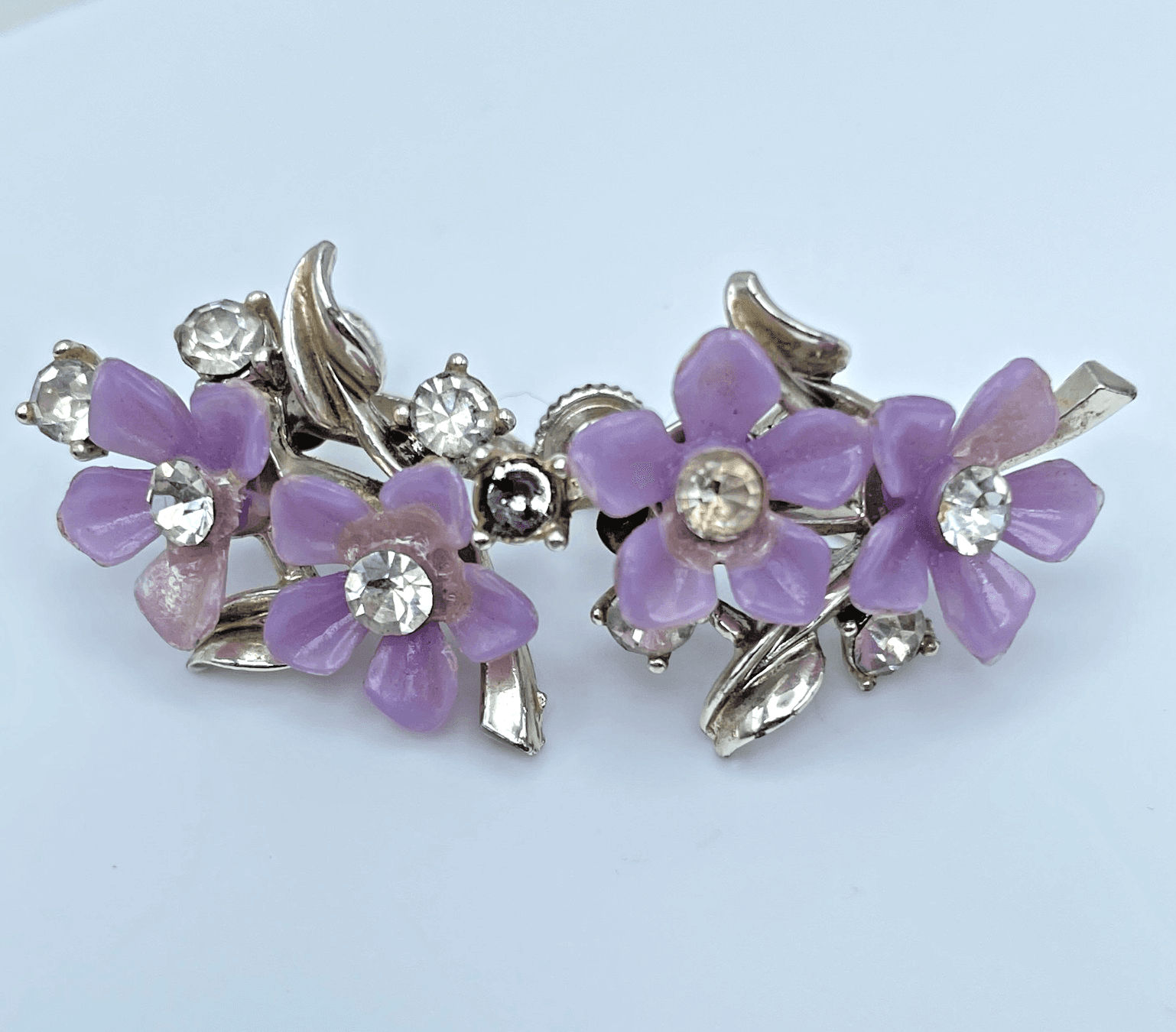 Vintage 90s Silver Tone Purple Flower Rhinestone Earrings Women's Jewelry - Image 1
