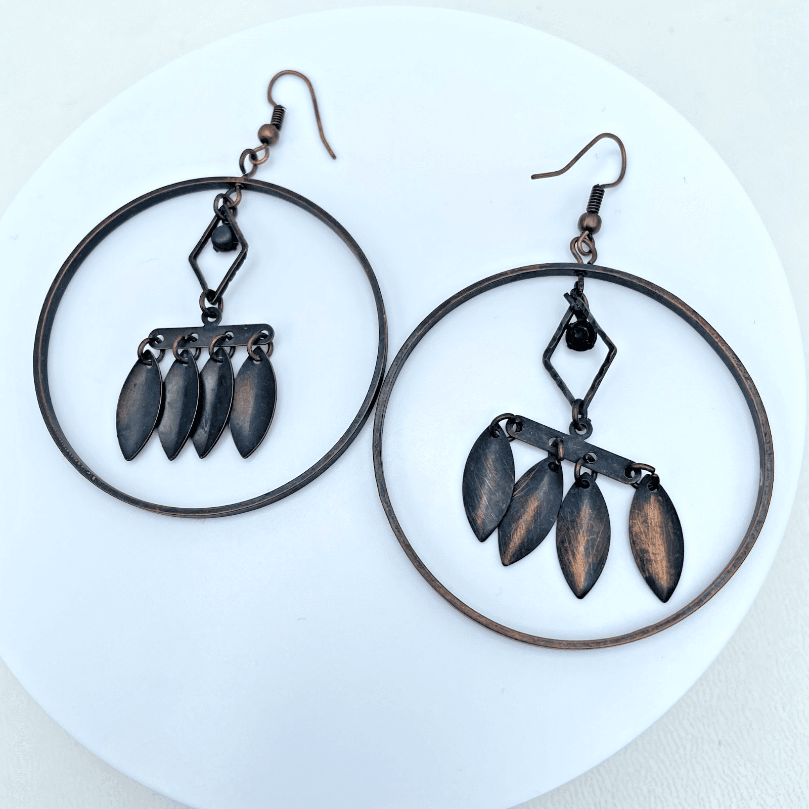 Vintage 90s Copper Tone Geometric Hoop Dangle Earrings Women's Classic Jewelry - Image 1