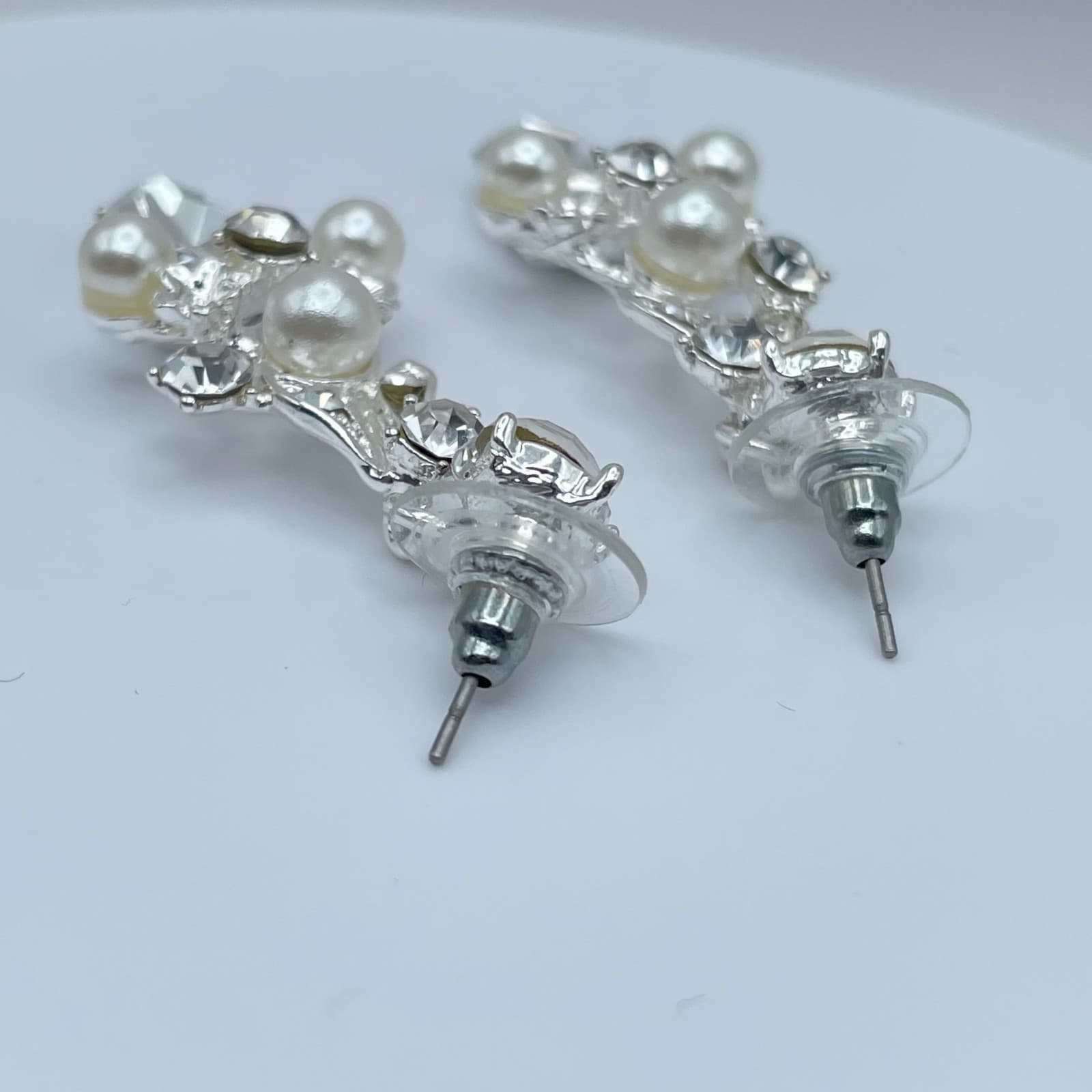 Vintage 90s Silver Tone Dangle Earrings Faux Pearl Rhinestone Women's Jewelry - Thumbnail 9