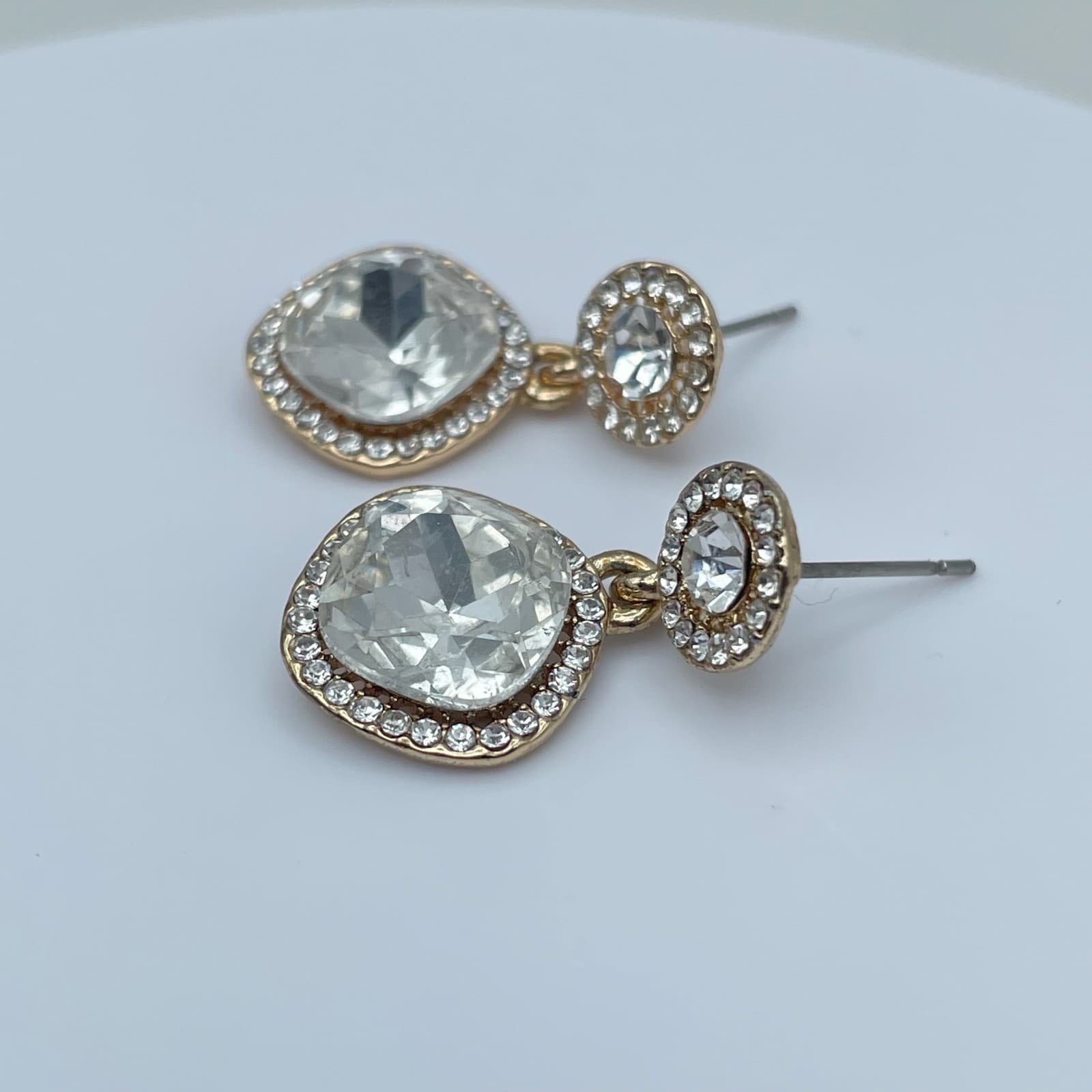 Vintage 90s Gold Tone Cushion Cut Halo Post Dangle Earrings Women's Jewelry - Thumbnail 5