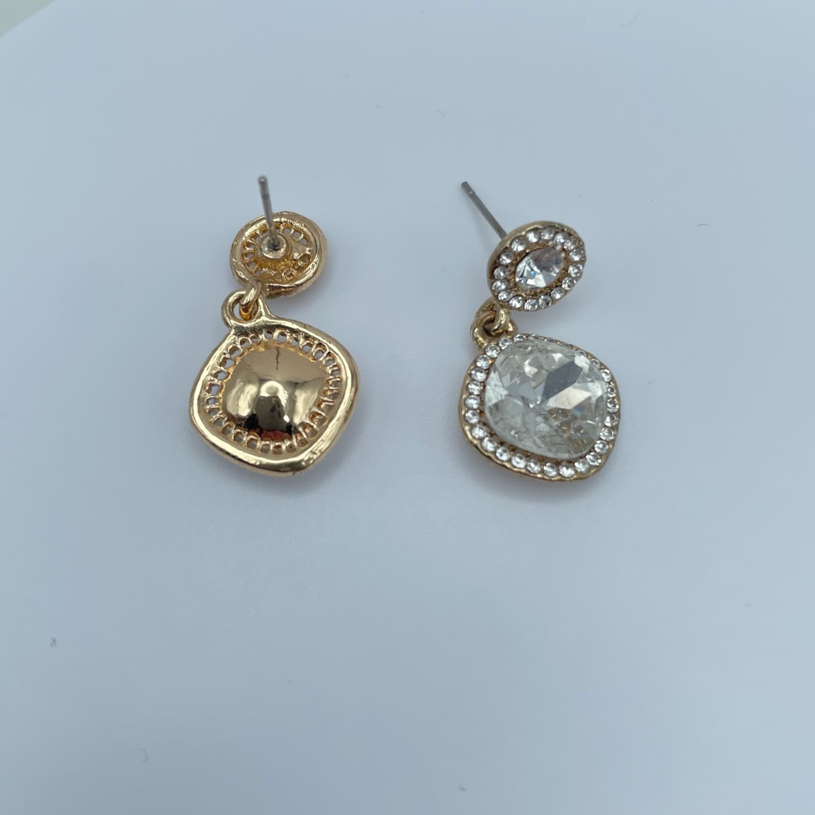 Vintage 90s Gold Tone Cushion Cut Halo Post Dangle Earrings Women's Jewelry - Thumbnail 2
