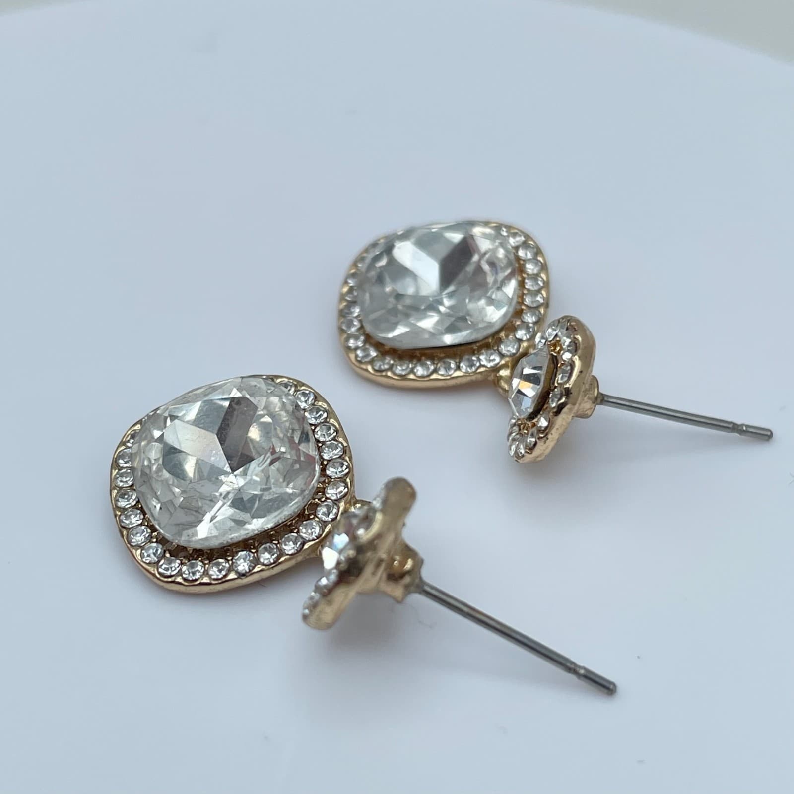 Vintage 90s Gold Tone Cushion Cut Halo Post Dangle Earrings Women's Jewelry - Thumbnail 6