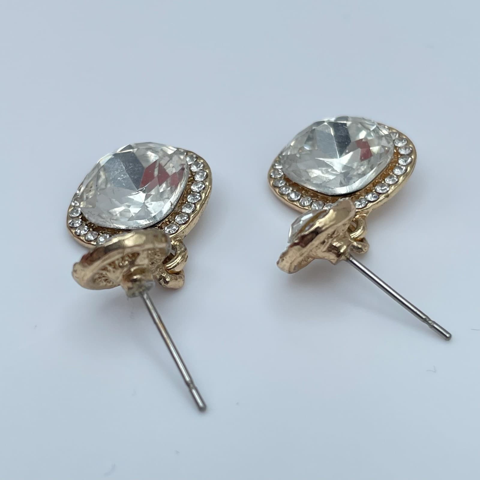 Vintage 90s Gold Tone Cushion Cut Halo Post Dangle Earrings Women's Jewelry - Thumbnail 7