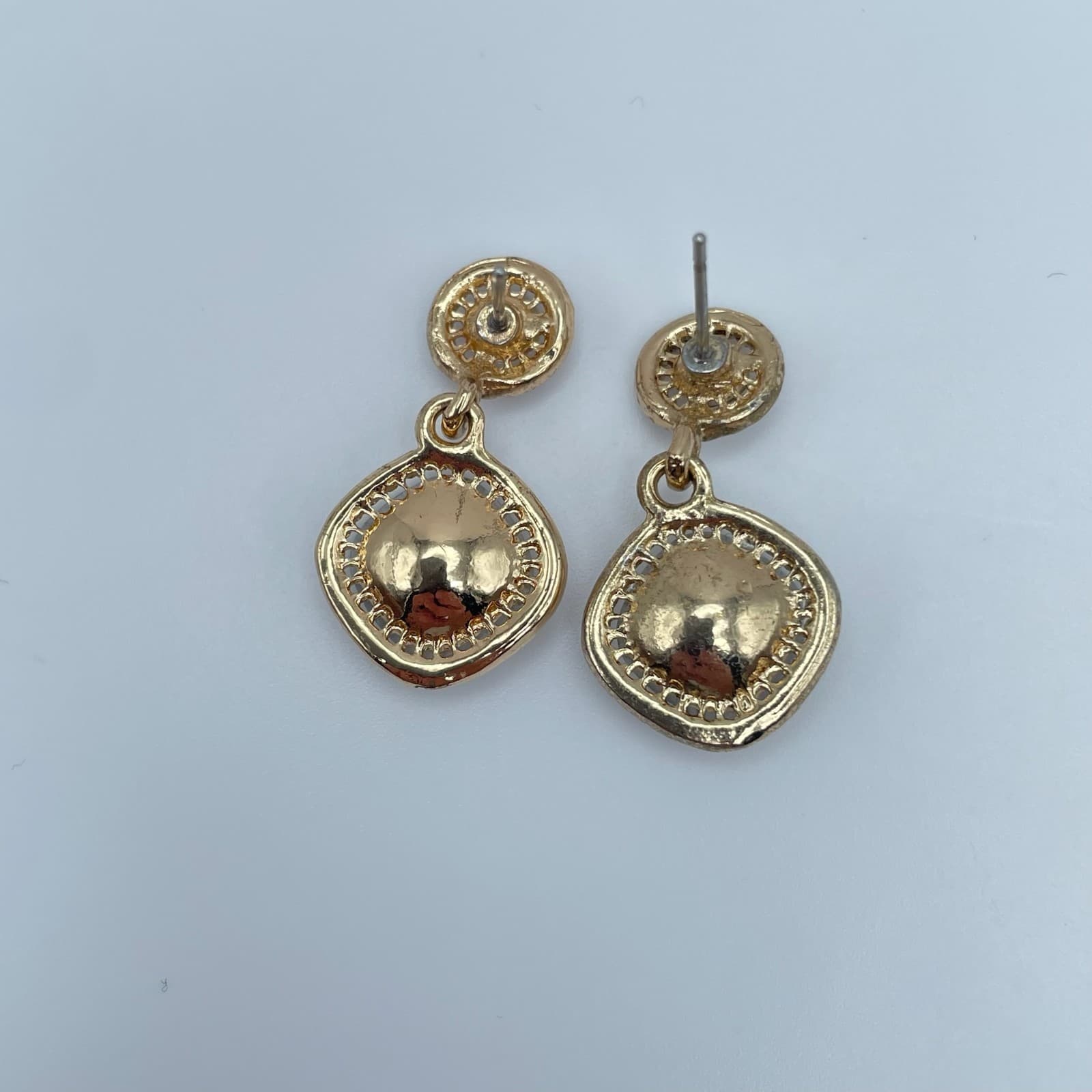 Vintage 90s Gold Tone Cushion Cut Halo Post Dangle Earrings Women's Jewelry - Thumbnail 3