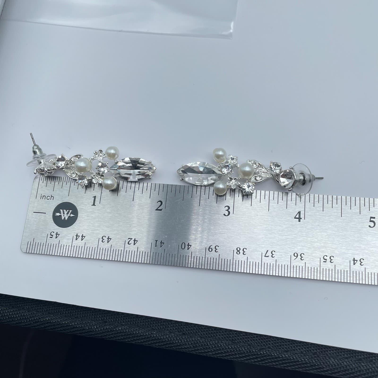 Vintage 90s Silver Tone Dangle Earrings Faux Pearl Rhinestone Women's Jewelry - Thumbnail 4